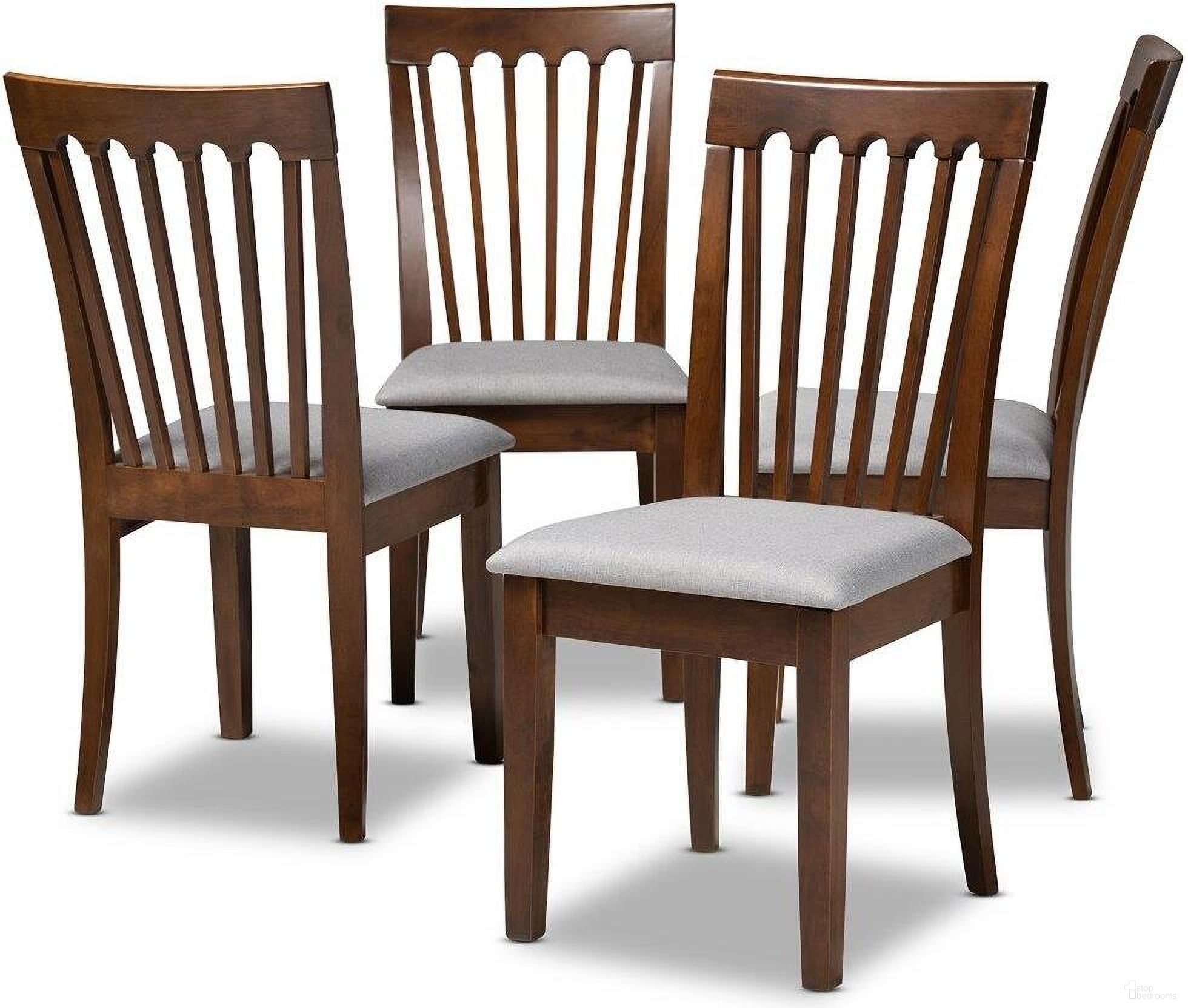 The appearance of Minette Modern and Contemporary Grey Fabric Upholstered Walnut Brown Finished Wood 2-Piece Dining Chair Set designed by Baxton Studio in the modern / contemporary interior design. This grey piece of furniture  was selected by 1StopBedrooms from Minette Collection to add a touch of cosiness and style into your home. Sku: RH319C-Grey/Walnut-DC-4PK. Material: Polyester. Chair Type: Side Chair.