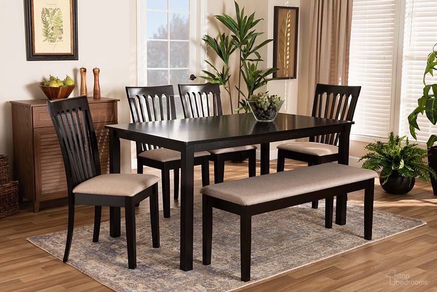 The appearance of Baxton Studio Minette Modern and contemporary Sand Fabric Upholstered and Dark Brown Finished Wood 6-Piece Dining Set designed by Baxton Studio in the modern / contemporary interior design. This sand and dark brown piece of furniture was selected by 1StopBedrooms from Minette Collection to add a touch of cosiness and style into your home. Sku: RH319C-Sand/Dark Brown-6PC Dining Set. Material: Polyester.