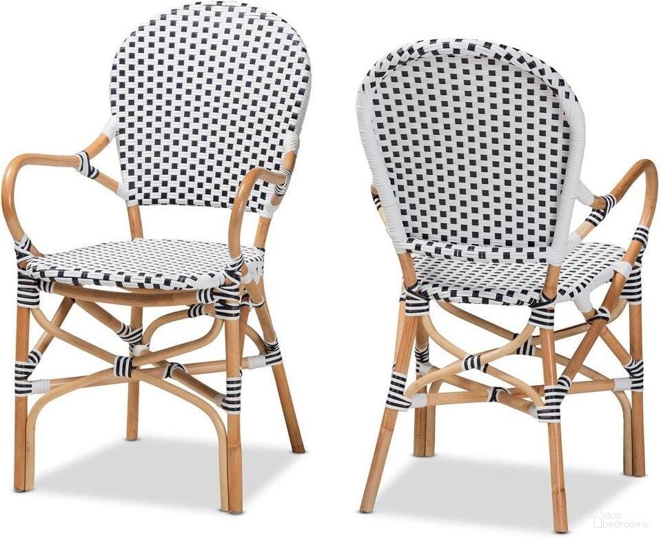 The appearance of Baxton Studio Naila Classic French Black and White Weaving and Natural Brown Rattan 2-Piece Dining Chair Set designed by Baxton Studio in the transitional interior design. This white and brown piece of furniture  was selected by 1StopBedrooms from Naila Collection to add a touch of cosiness and style into your home. Sku: DC613-Rattan-DC Arm. Material: Natural Rattan. Chair Type: Arm Chair.
