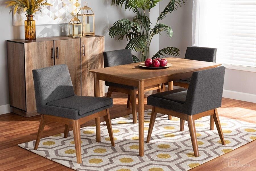 The appearance of Baxton Studio Nexus Mid-Century Modern Dark Grey Fabric Upholstered and Walnut Brown Finished Wood 5-Piece Dining Set designed by Baxton Studio in the transitional interior design. This gray piece of furniture  was selected by 1StopBedrooms from Nexus Collection to add a touch of cosiness and style into your home. Sku: BBT5280-Dark Grey/Walnut-5PC Dining Set. Material: Rubberwood.