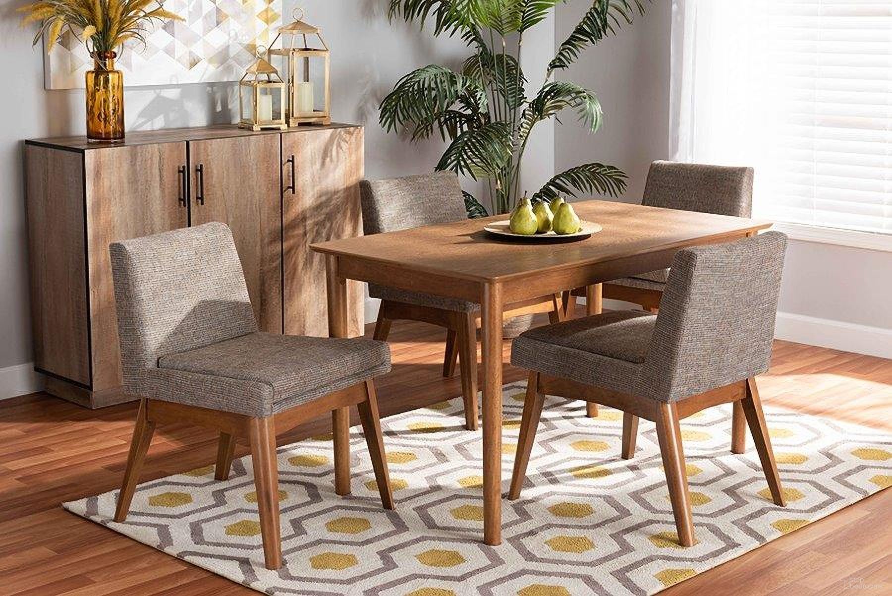 The appearance of Baxton Studio Nexus Mid-Century Modern Gravel Fabric Upholstered and Walnut Brown Finished Wood 5-Piece Dining Set designed by Baxton Studio in the transitional interior design. This walnut brown piece of furniture  was selected by 1StopBedrooms from Nexus Collection to add a touch of cosiness and style into your home. Sku: BBT5280-Gravel/Walnut-5PC Dining Set. Material: Rubberwood.