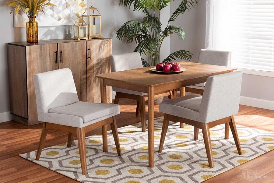 Baxton Studio Nexus Mid-Century Modern Greyish Beige Fabric Upholstered and Walnut Brown Finished Wood 5-Piece Dining Set