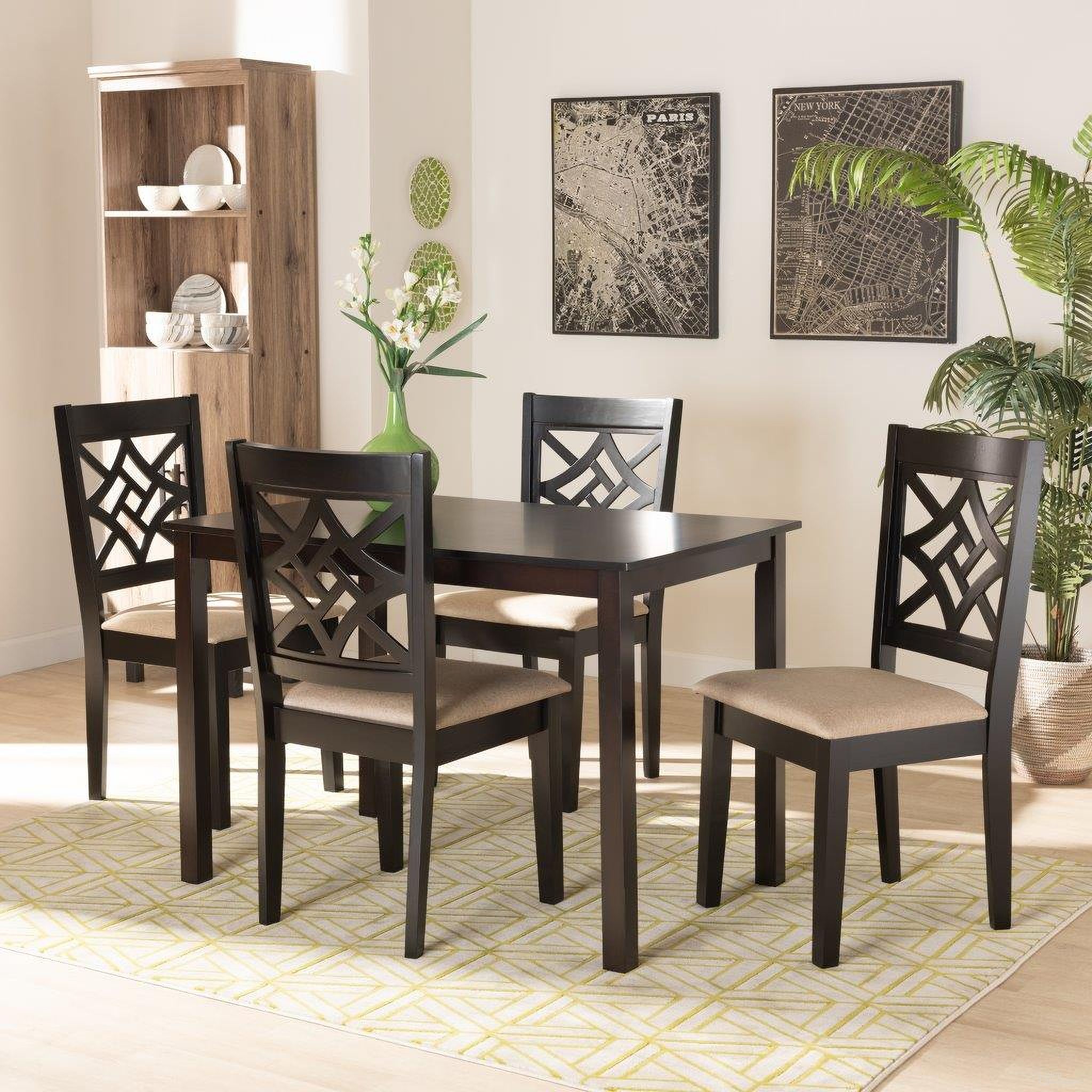 The appearance of Baxton Studio Nicolette Modern And Contemporary Sand Fabric Upholstered And Dark Brown Finished Wood 5 Piece Dining Set designed by Baxton Studio in the modern / contemporary interior design. This sand and dark brown piece of furniture  was selected by 1StopBedrooms from Nicolette Collection to add a touch of cosiness and style into your home. Sku: RH340C-Sand/Dark Brown-5PC Dining Set. Material: Rubberwood.