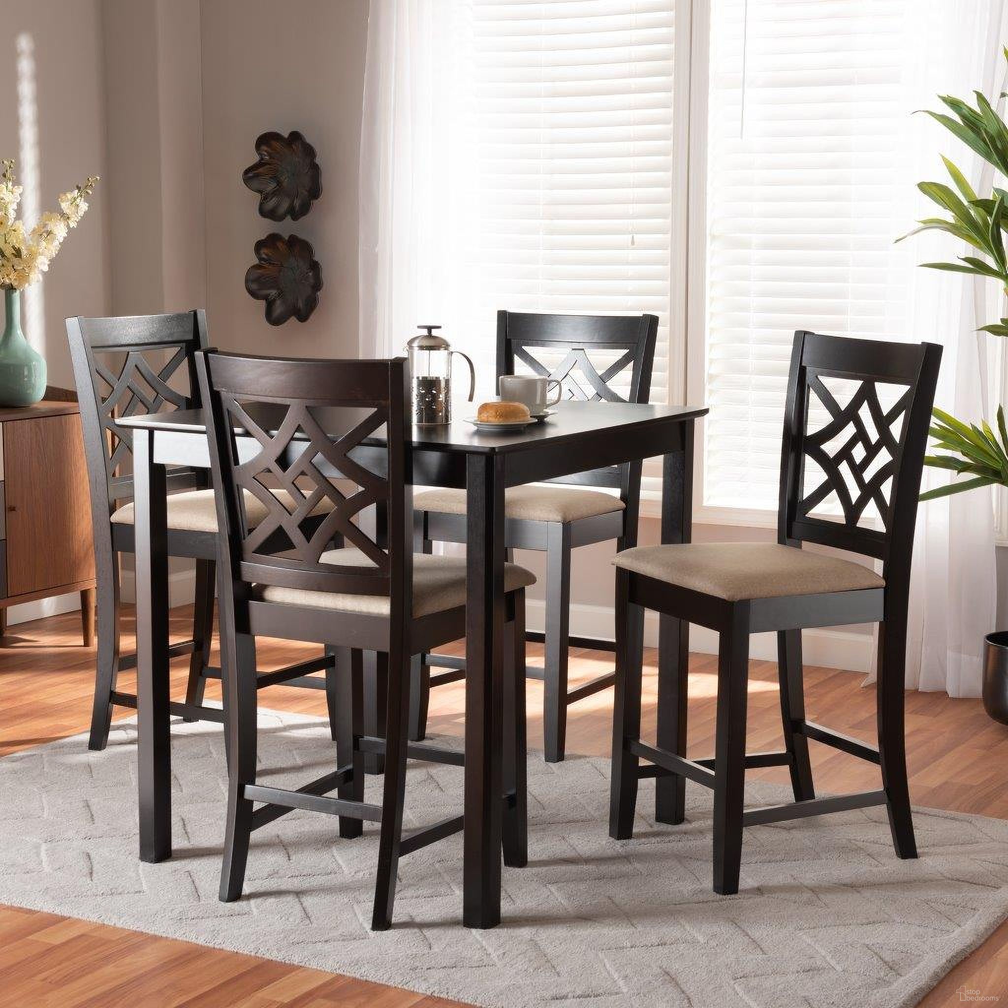 Baxton Studio Nicolette Modern And Contemporary Sand Fabric Upholstered And Dark Brown Finished Wood 5 Piece Pub Set