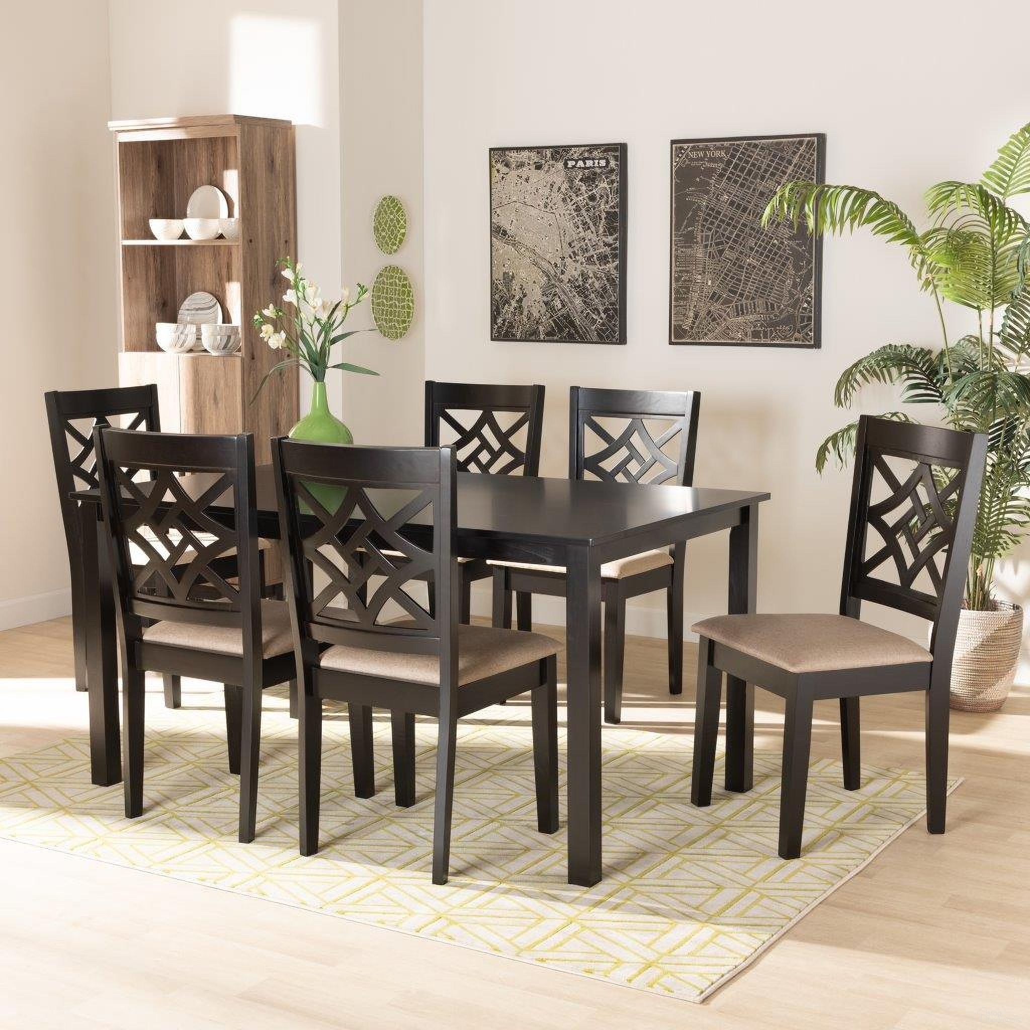 The appearance of Baxton Studio Nicolette Modern And Contemporary Sand Fabric Upholstered And Dark Brown Finished Wood 7 Piece Dining Set designed by Baxton Studio in the modern / contemporary interior design. This sand and dark brown piece of furniture  was selected by 1StopBedrooms from Nicolette Collection to add a touch of cosiness and style into your home. Sku: RH340C-Sand/Dark Brown-7PC Dining Set. Material: Rubberwood.