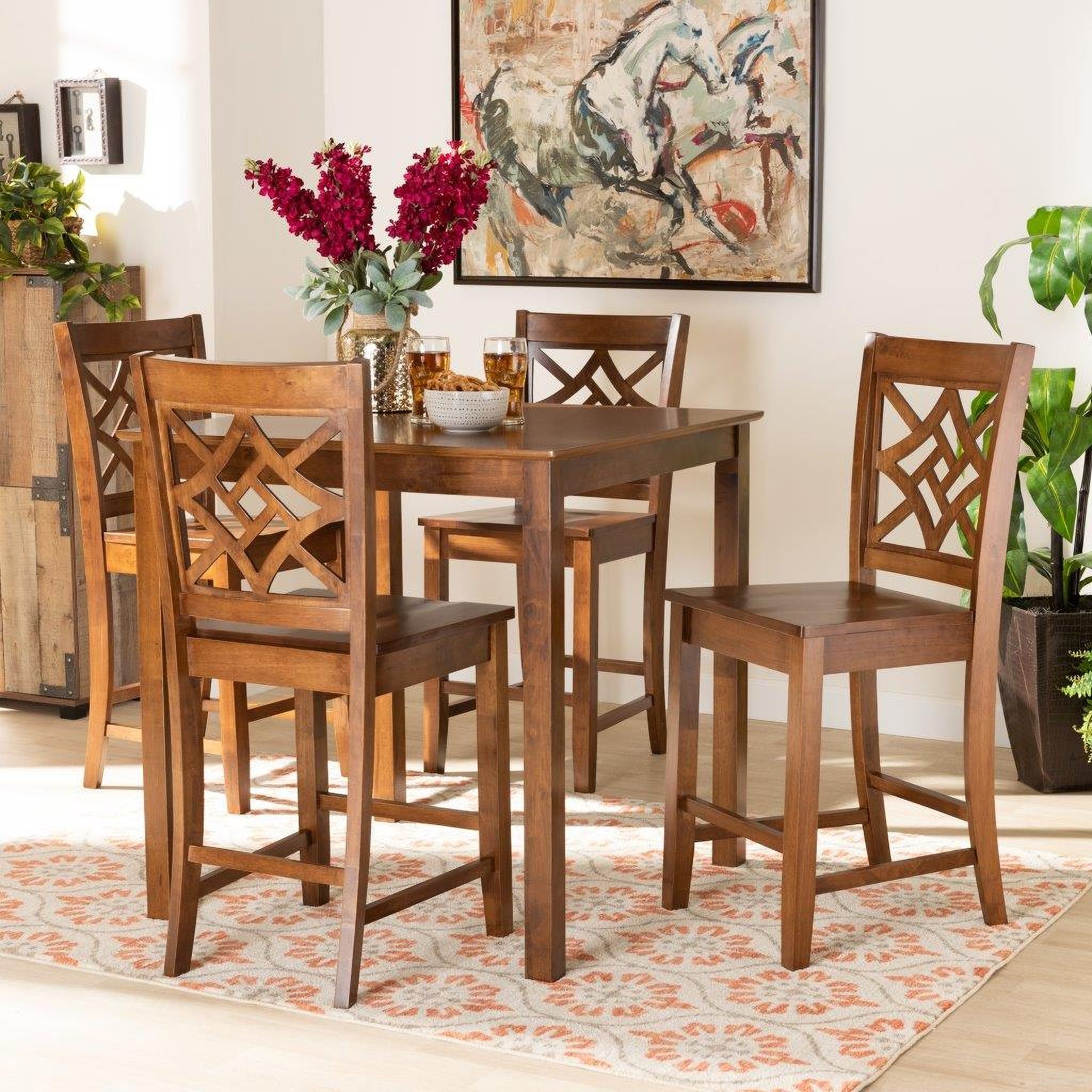 The appearance of Baxton Studio Nicolette Modern And Contemporary Walnut Brown Finished Wood 5 Piece Pub Set designed by Baxton Studio in the modern / contemporary interior design. This walnut brown piece of furniture was selected by 1StopBedrooms from Nicolette Collection to add a touch of cosiness and style into your home. Sku: RH340P-Walnut-5PC Pub Set. Material: Rubberwood.
