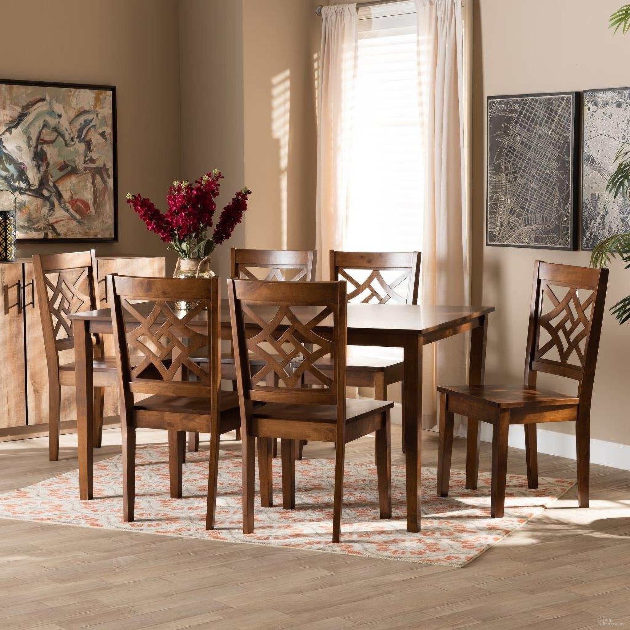 The appearance of Baxton Studio Nicolette Modern And Contemporary Walnut Brown Finished Wood 7 Piece Dining Set designed by Baxton Studio in the modern / contemporary interior design. This walnut brown piece of furniture  was selected by 1StopBedrooms from Nicolette Collection to add a touch of cosiness and style into your home. Sku: RH340C-Walnut-7PC Dining Set. Material: Rubberwood.