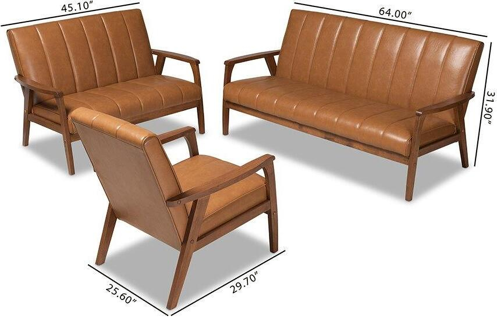 Baxton Studio Nikko Mid-century Modern Tan Faux Leather Upholstered and  Walnut Brown finished Wood 3-Piece Living Room Set