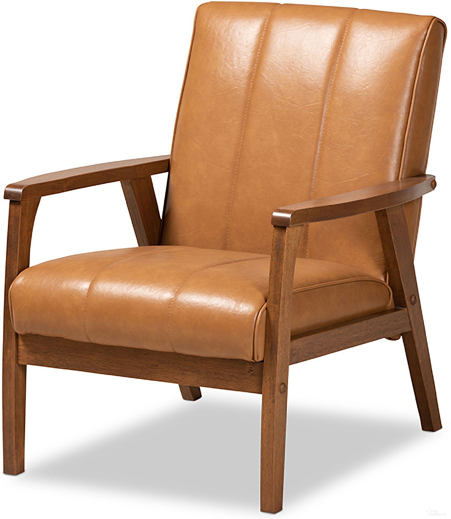 The appearance of Baxton Studio Nikko Mid-century Modern Tan Faux Leather Upholstered and Walnut Brown finished Wood Lounge Chair designed by Baxton Studio in the transitional interior design. This tan piece of furniture was selected by 1StopBedrooms from Nikko Collection to add a touch of cosiness and style into your home. Sku: BBT8011A2-Tan Chair. Material: MDF.