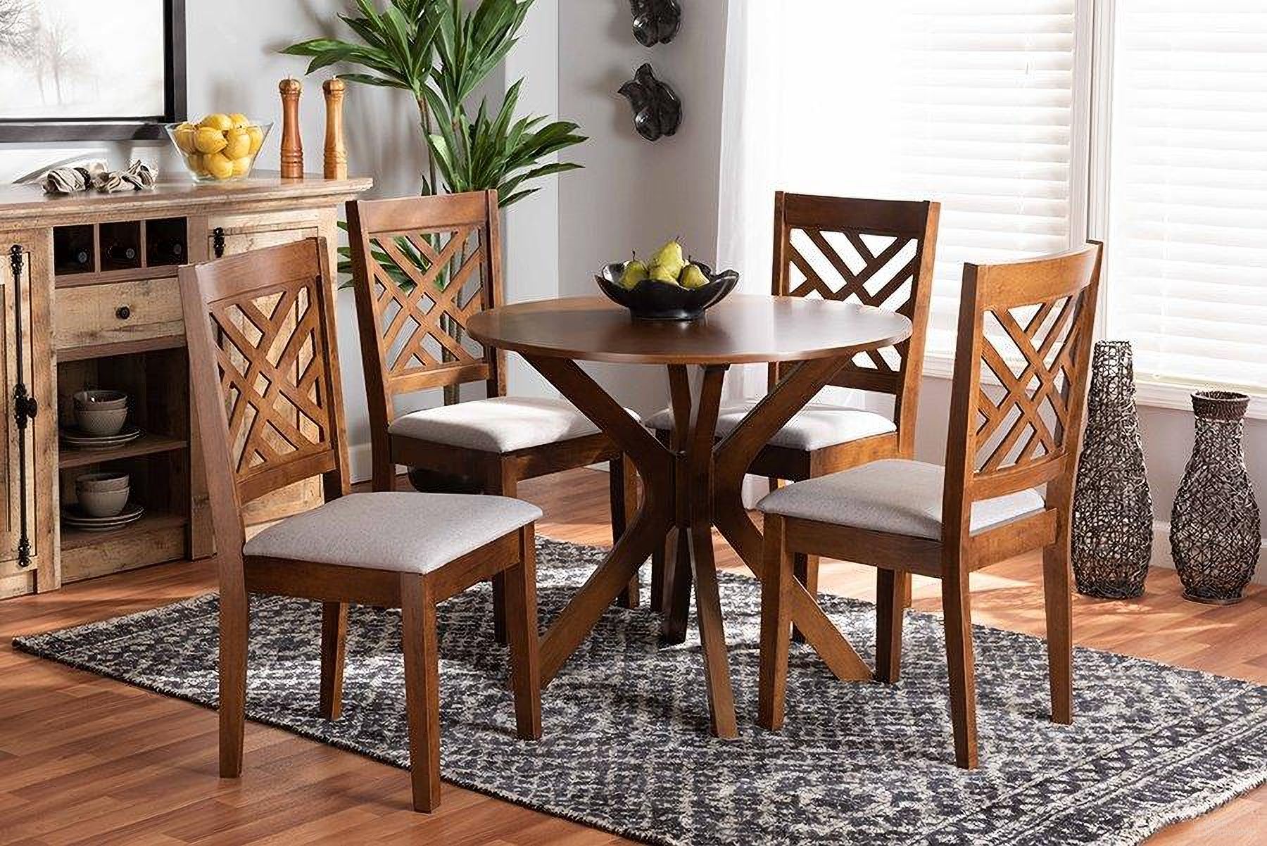 Baxton Studio Norah Modern and Contemporary Grey Fabric Upholstered and Walnut Brown Finished Wood 5-Piece Dining Set