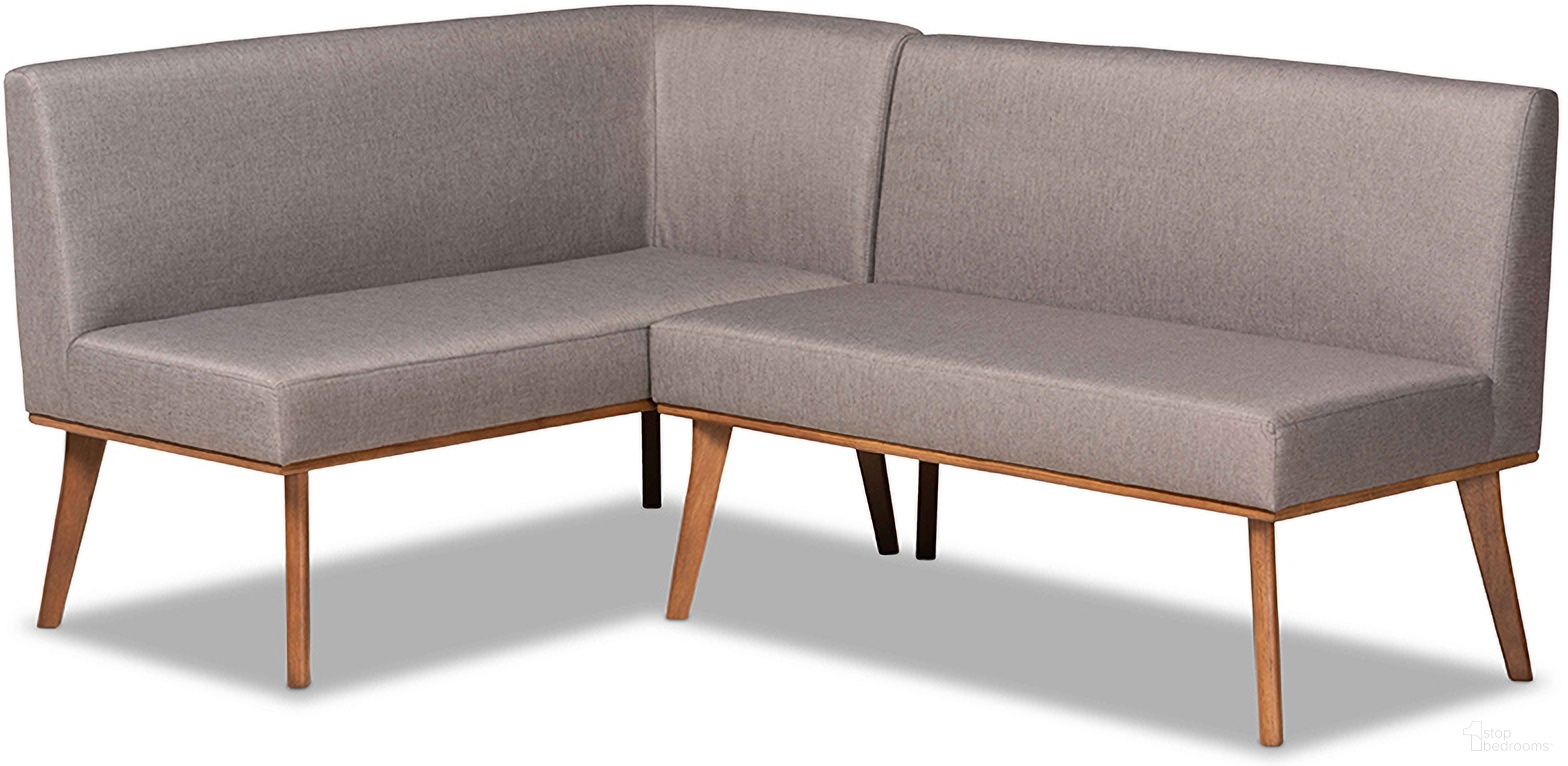 The appearance of Baxton Studio Odessa Mid-Century Modern Grey Fabric Upholstered and Walnut Brown Finished Wood 2-Piece Dining Corner Sofa Bench designed by Baxton Studio in the transitional interior design. This gray piece of furniture was selected by 1StopBedrooms from Odessa Collection to add a touch of cosiness and style into your home. Sku: BBT8054-Grey/Walnut-2PC SF Bench. Material: MDF.