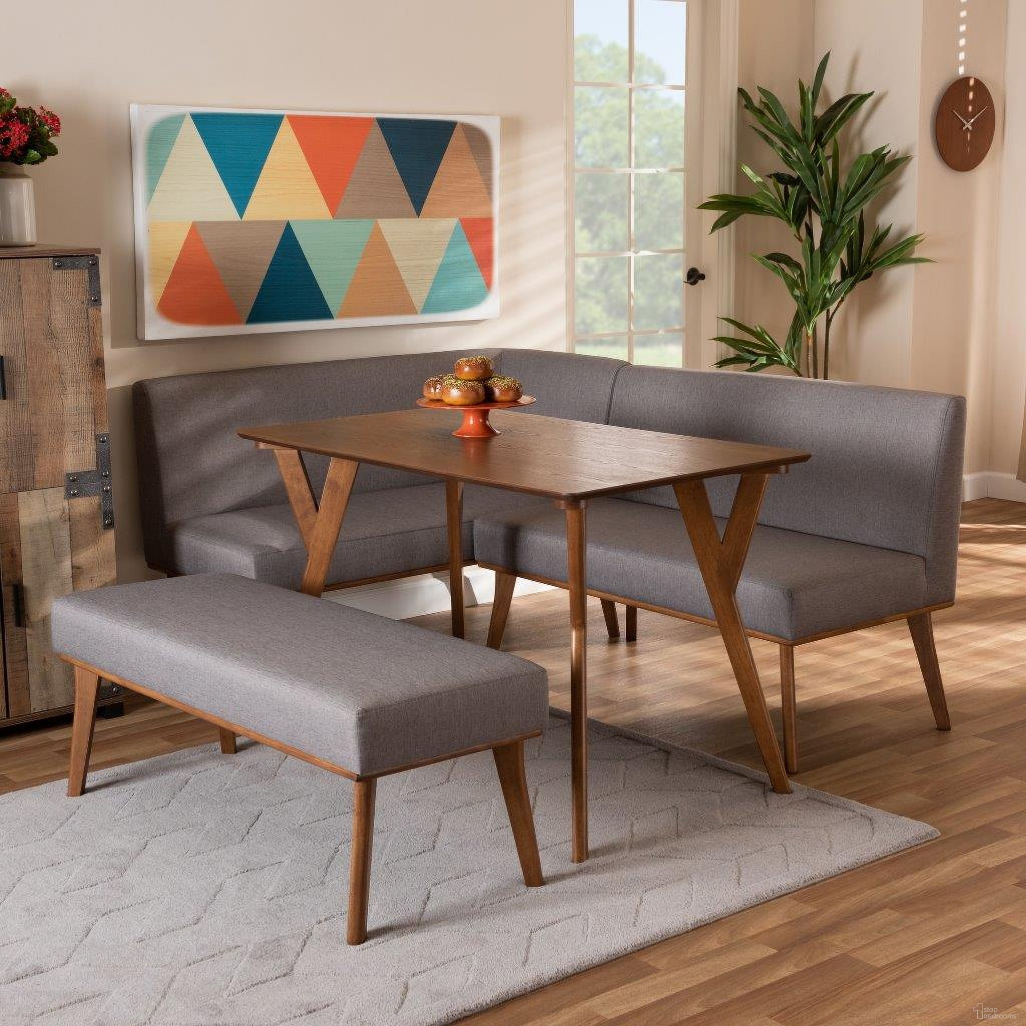 The appearance of Baxton Studio Odessa Mid-Century Modern Grey Fabric Upholstered and Walnut Brown Finished Wood 4-Piece Dining Nook Set designed by Baxton Studio in the transitional interior design. This gray piece of furniture  was selected by 1StopBedrooms from Odessa Collection to add a touch of cosiness and style into your home. Sku: BBT8054-Grey/Walnut-4PC Dining Nook Set. Material: MDF.