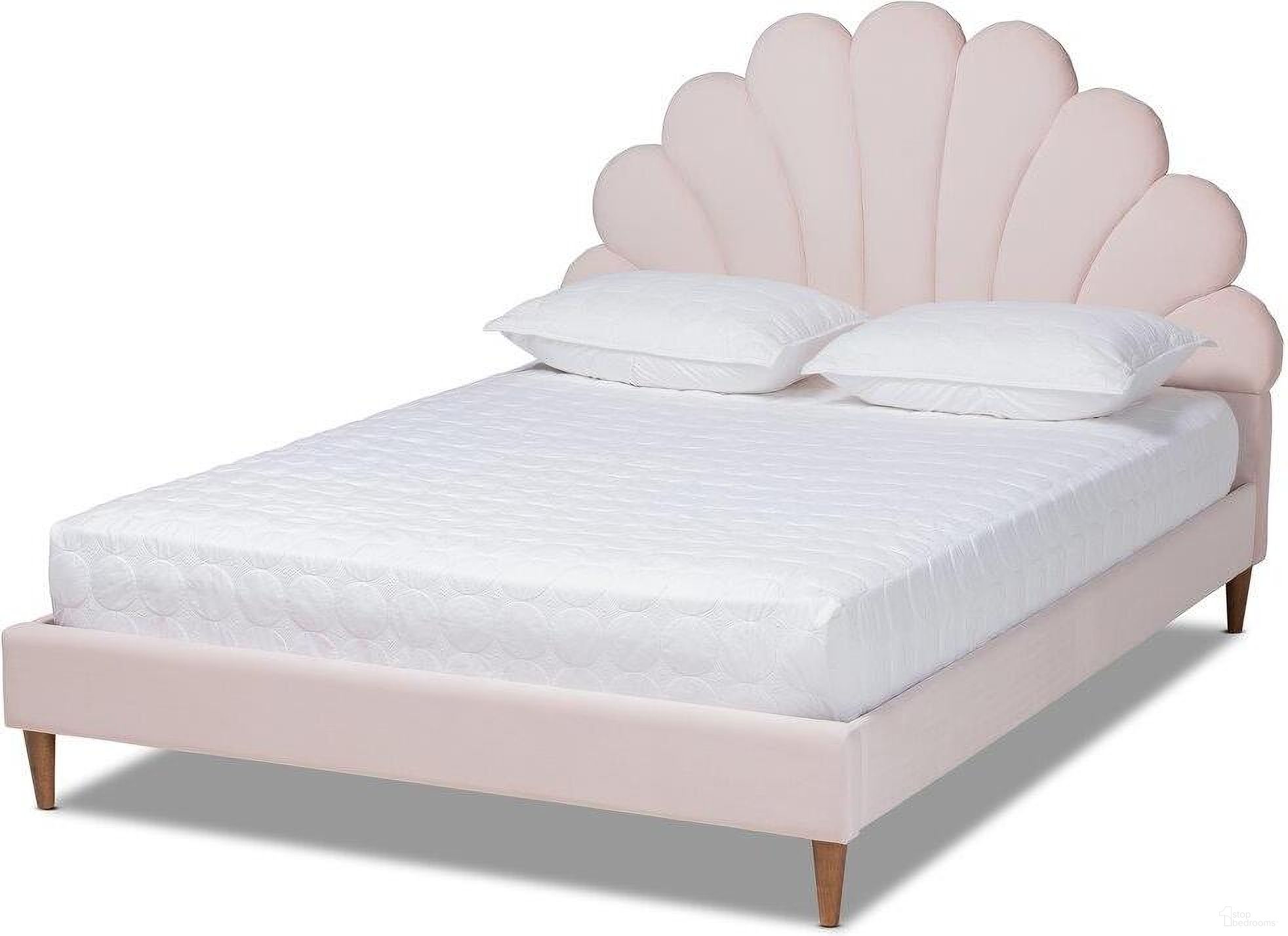 The appearance of Baxton Studio Odille Modern Glam Light Pink Velvet Upholstered Walnut Brown Finished Wood Queen Size Seashell Shaped Platform Bed designed by Baxton Studio in the glam interior design. This walnut piece of furniture was selected by 1StopBedrooms from Odille Collection to add a touch of cosiness and style into your home. Sku: BBT6897-Light Pink Velvet/Walnut-Queen. Bed Type: Platform Bed. Bed Size: Queen. Material: MDF.