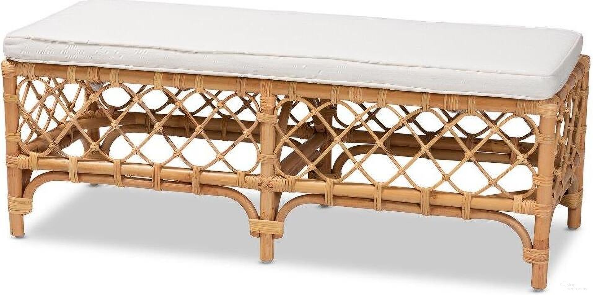 Baxton Studio Orchard Modern Bohemian White Fabric Upholstered and Natural Brown Rattan Bench