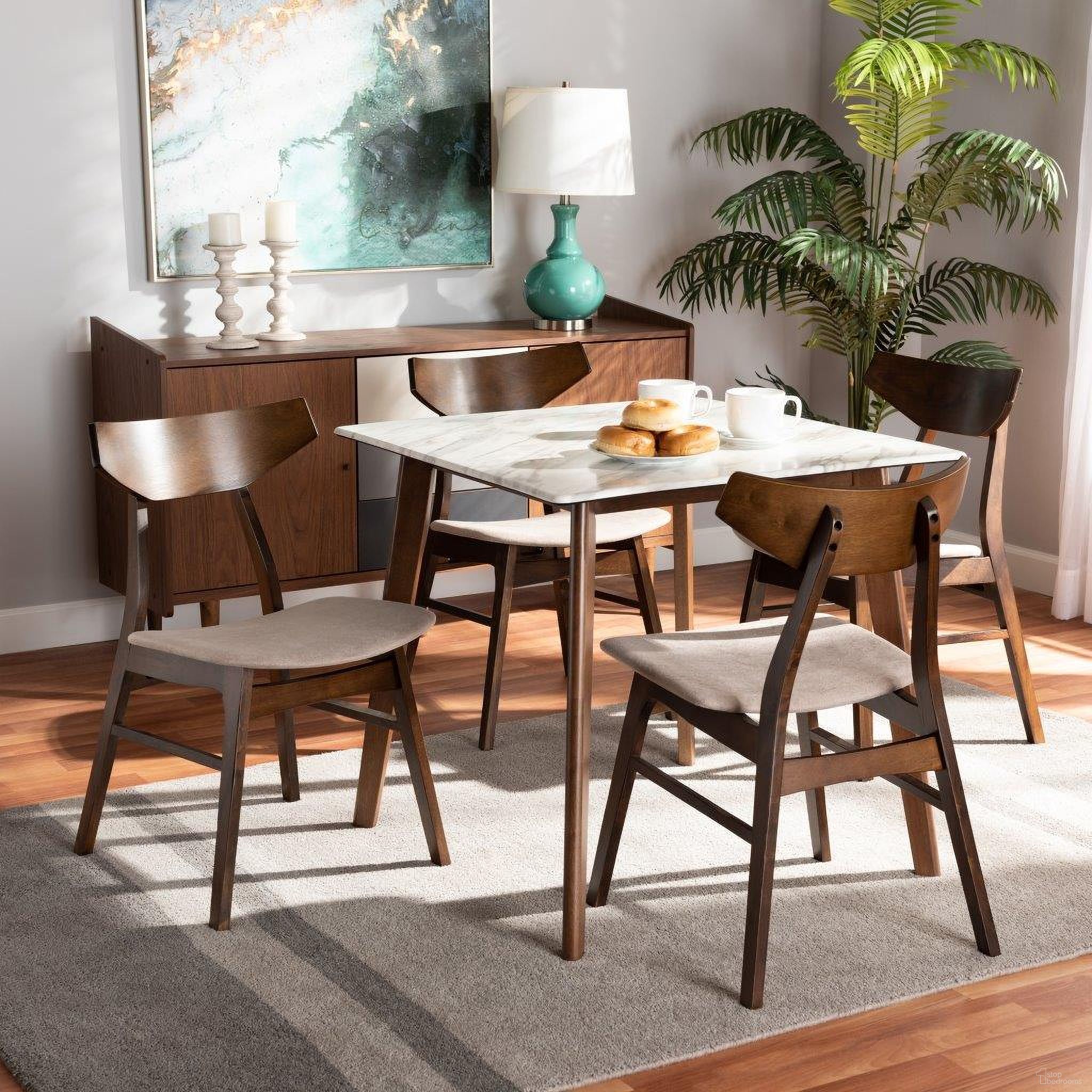 The appearance of Pearson Light Beige Fabric Walnut Brown Wood 5pc Dining Room Set designed by Baxton Studio in the transitional interior design. This beige piece of furniture was selected by 1StopBedrooms from Pearson Collection to add a touch of cosiness and style into your home. Sku: Pearson-Latte/Walnut-5PC Dining Set. Material: Rubberwood.