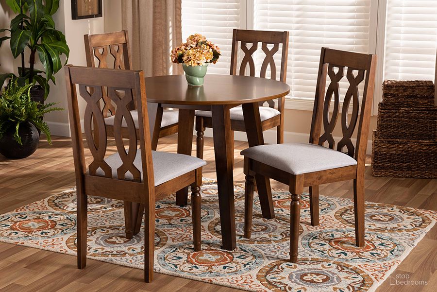 Baxton Studio Pia Modern and Contemporary Grey Fabric Upholstered and Walnut Brown Finished Wood 5-Piece Dining Set