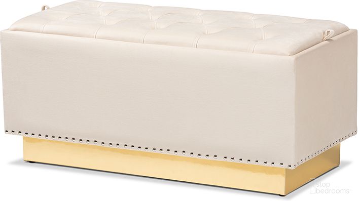 The appearance of Baxton Studio Powell Glam and Luxe Beige Velvet Fabric Upholstered and Gold PU Leather Storage Ottoman designed by Baxton Studio in the glam interior design. This beige piece of furniture was selected by 1StopBedrooms from Powell Collection to add a touch of cosiness and style into your home. Sku: WS-2019-Beige Velvet/Gold-Otto. Material: Leather.