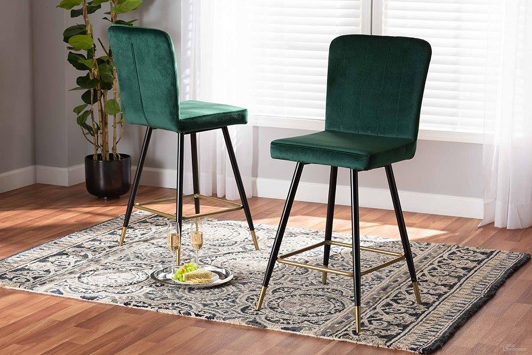 Baxton Studio Preston Modern Luxe and Glam Green Velvet Fabric Upholstered and Two-Tone Black and Gold Finished Metal 2-Piece Bar Stool Set