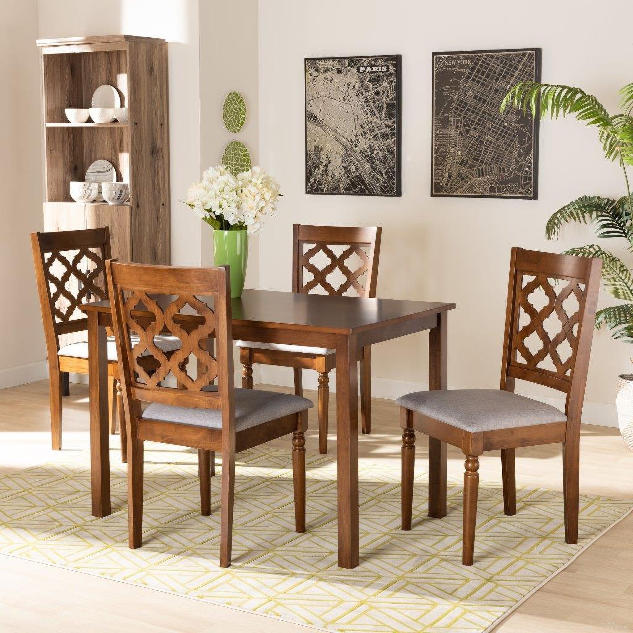 The appearance of Baxton Studio Ramiro Modern And Contemporary Grey Fabric Upholstered And Walnut Brown Finished Wood 5 Piece Dining Set designed by Baxton Studio in the modern / contemporary interior design. This grey and walnut piece of furniture  was selected by 1StopBedrooms from Ramiro Collection to add a touch of cosiness and style into your home. Sku: RH336C-Grey/Walnut-5PC Dining Set. Material: Rubberwood.
