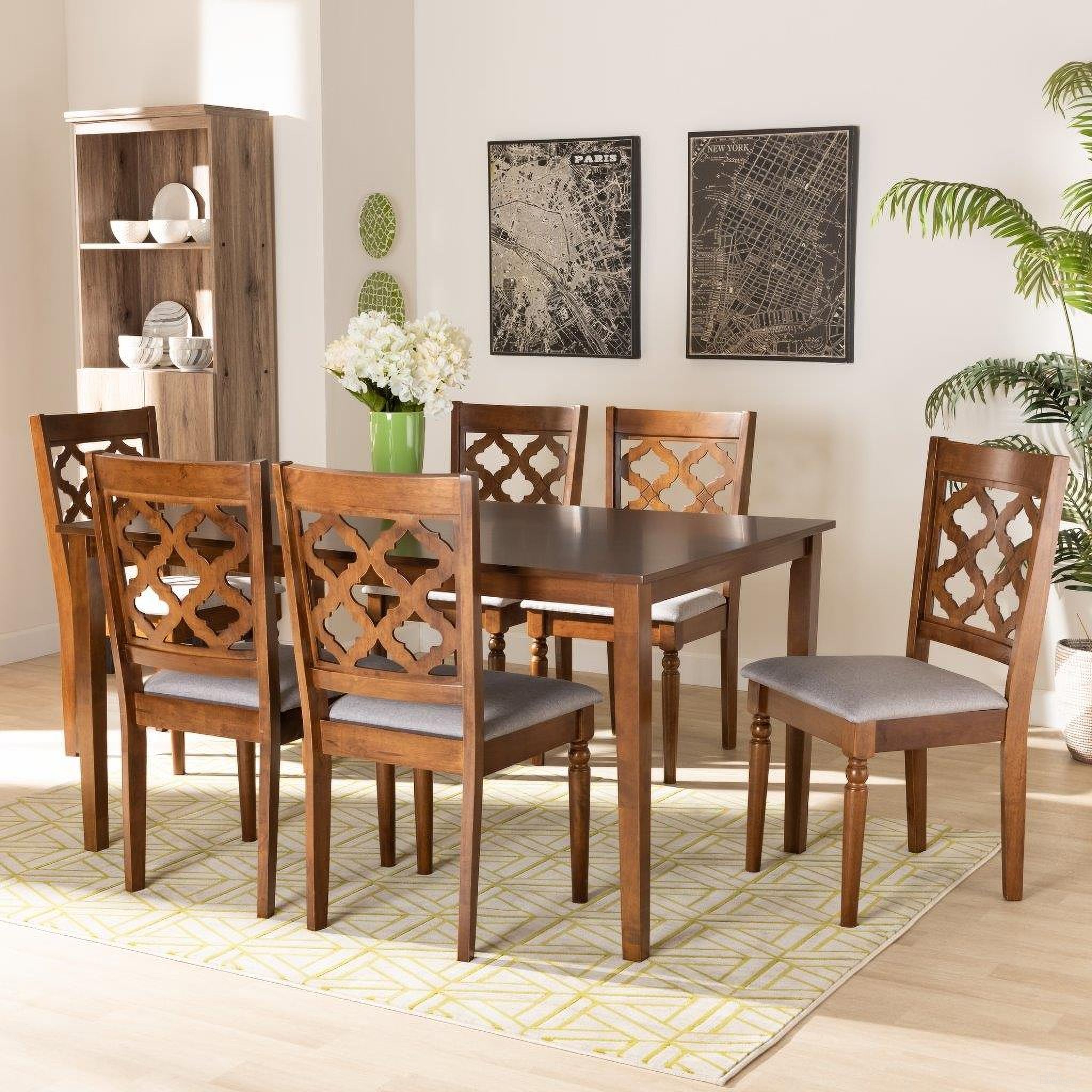 The appearance of Baxton Studio Ramiro Modern And Contemporary Grey Fabric Upholstered And Walnut Brown Finished Wood 7 Piece Dining Set designed by Baxton Studio in the modern / contemporary interior design. This grey and walnut piece of furniture was selected by 1StopBedrooms from Ramiro Collection to add a touch of cosiness and style into your home. Sku: RH336C-Grey/Walnut-7PC Dining Set. Material: Rubberwood.