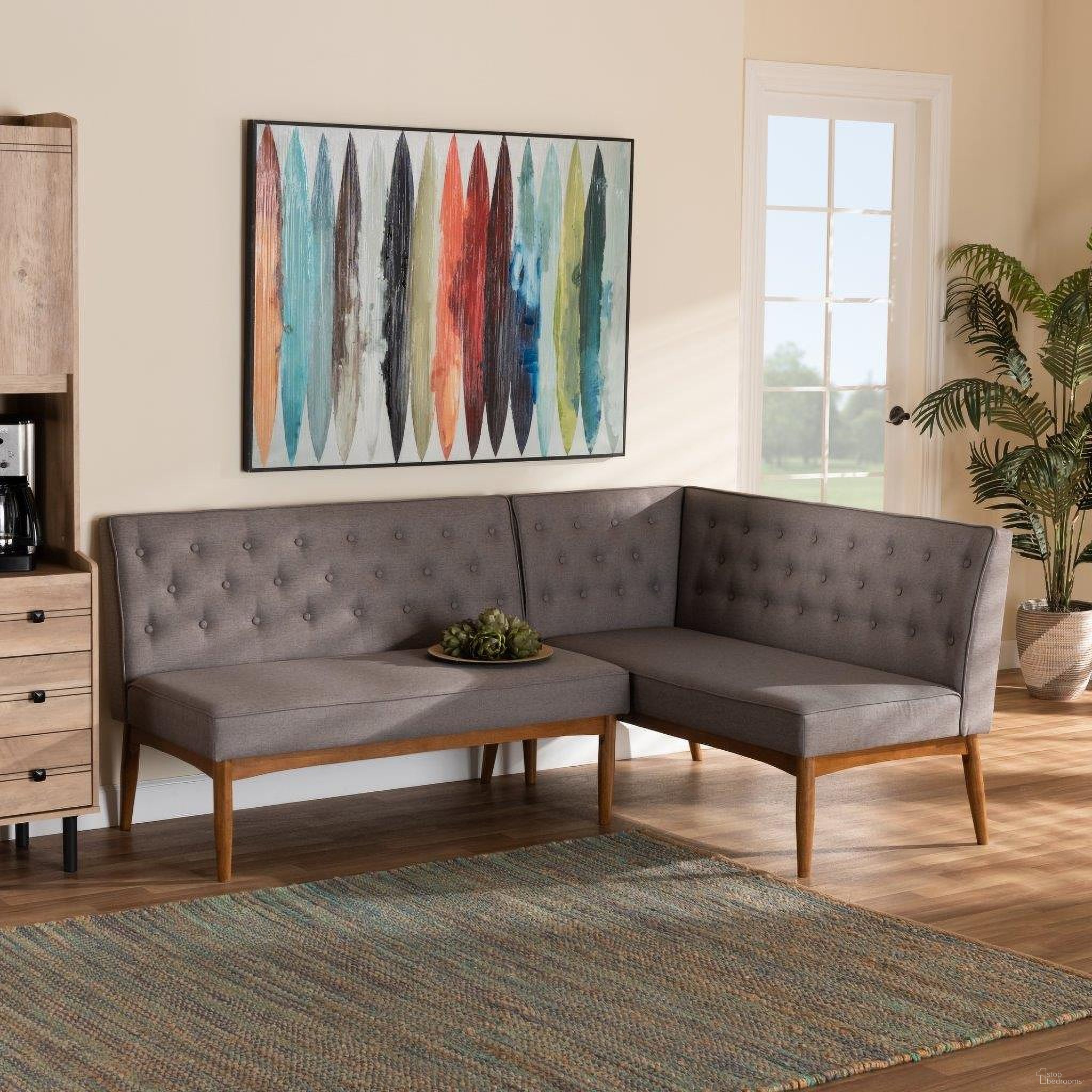 The appearance of Baxton Studio Riordan Mid-Century Modern Grey Fabric Upholstered And Walnut Brown Finished Wood 2-Piece Dining Nook Banquette Set designed by Baxton Studio in the transitional interior design. This grey and walnut piece of furniture was selected by 1StopBedrooms from Riordan Collection to add a touch of cosiness and style into your home. Sku: BBT8051.13-Grey/Walnut-2PC SF Bench. Material: Wood.