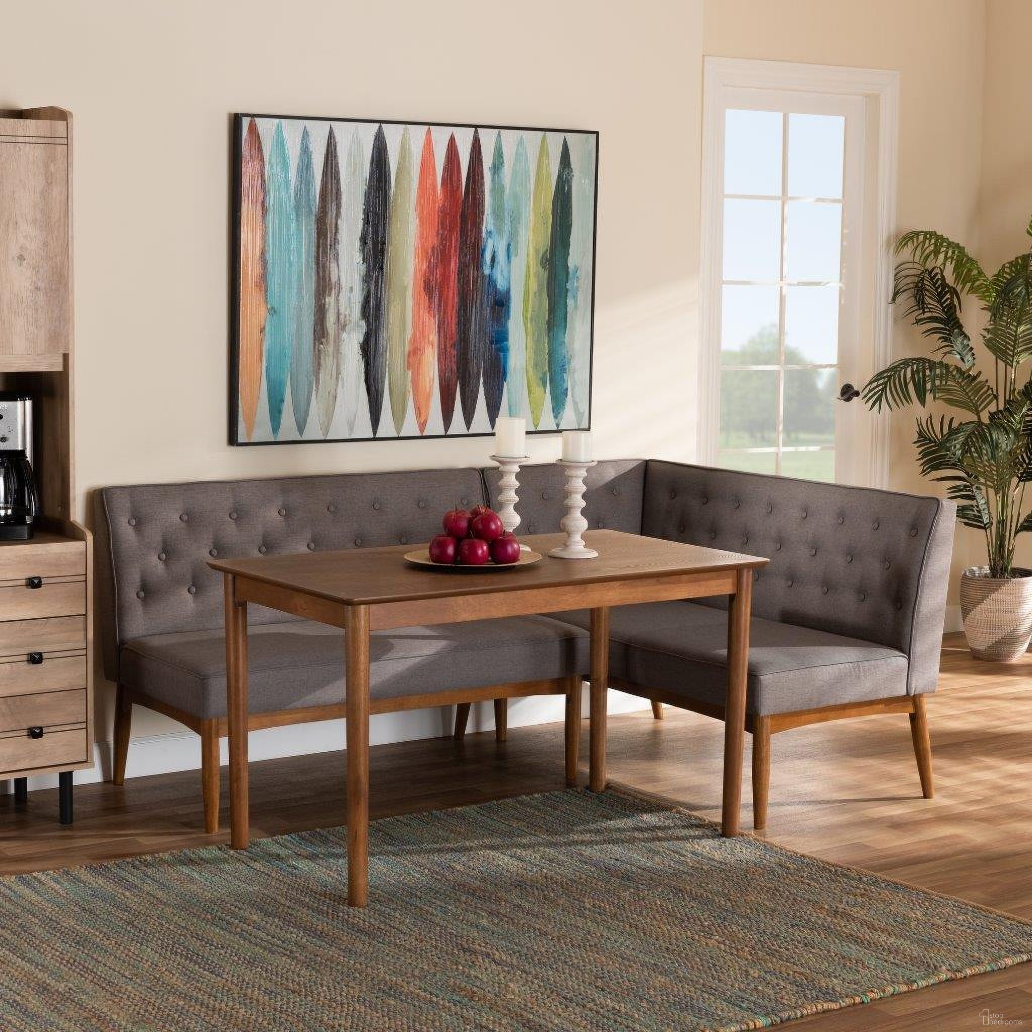 The appearance of Baxton Studio Riordan Mid-Century Modern Grey Fabric Upholstered And Walnut Brown Finished Wood 3-Piece Dining Nook Set designed by Baxton Studio in the transitional interior design. This grey and walnut piece of furniture was selected by 1StopBedrooms from Riordan Collection to add a touch of cosiness and style into your home. Sku: BBT8051.13-Grey/Walnut-3PC Dining Nook Set. Material: Wood.