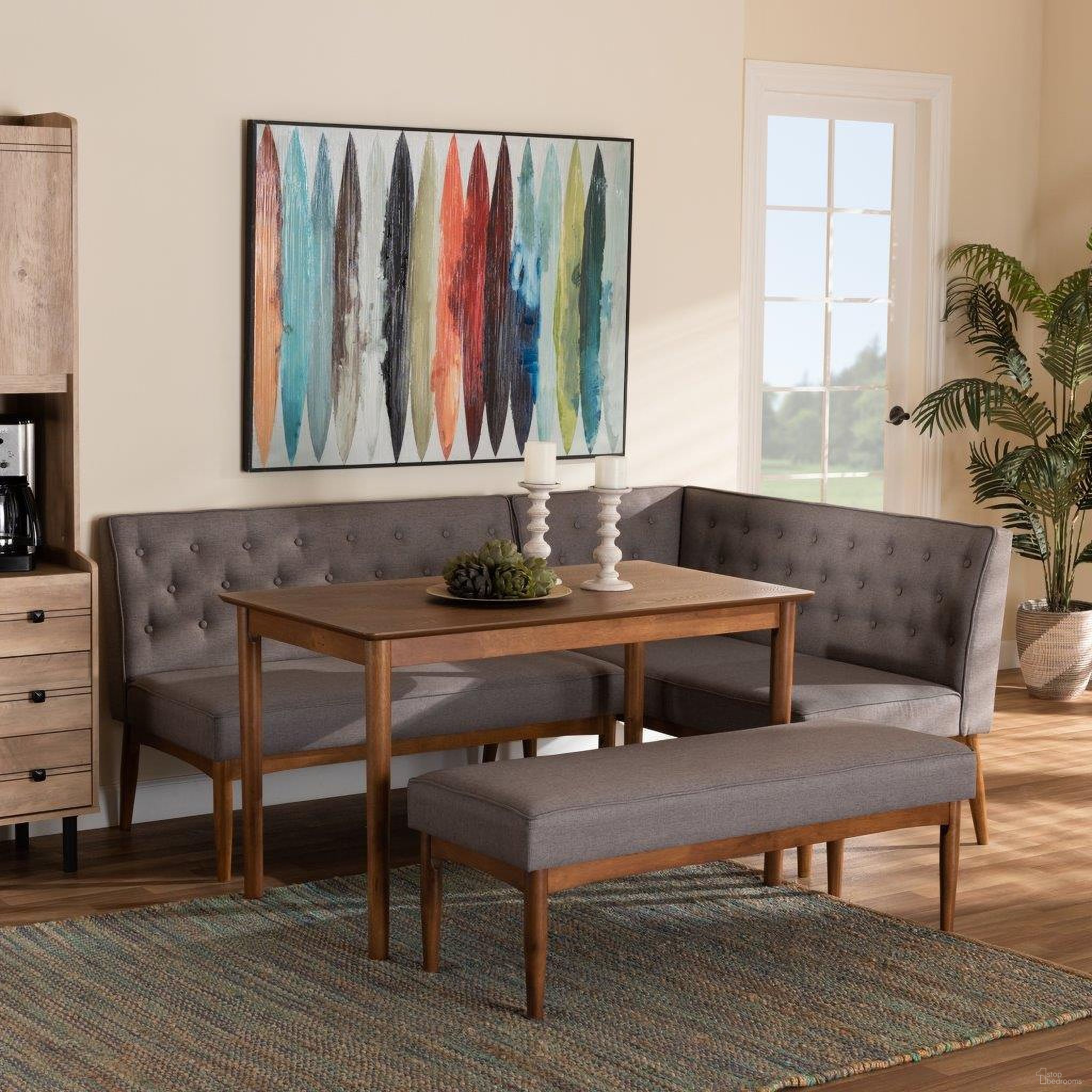 The appearance of Baxton Studio Riordan Mid-Century Modern Grey Fabric Upholstered And Walnut Brown Finished Wood 4-Piece Dining Nook Set designed by Baxton Studio in the transitional interior design. This grey and walnut piece of furniture  was selected by 1StopBedrooms from Riordan Collection to add a touch of cosiness and style into your home. Sku: BBT8051.13-Grey/Walnut-4PC Dining Nook Set. Material: Wood.