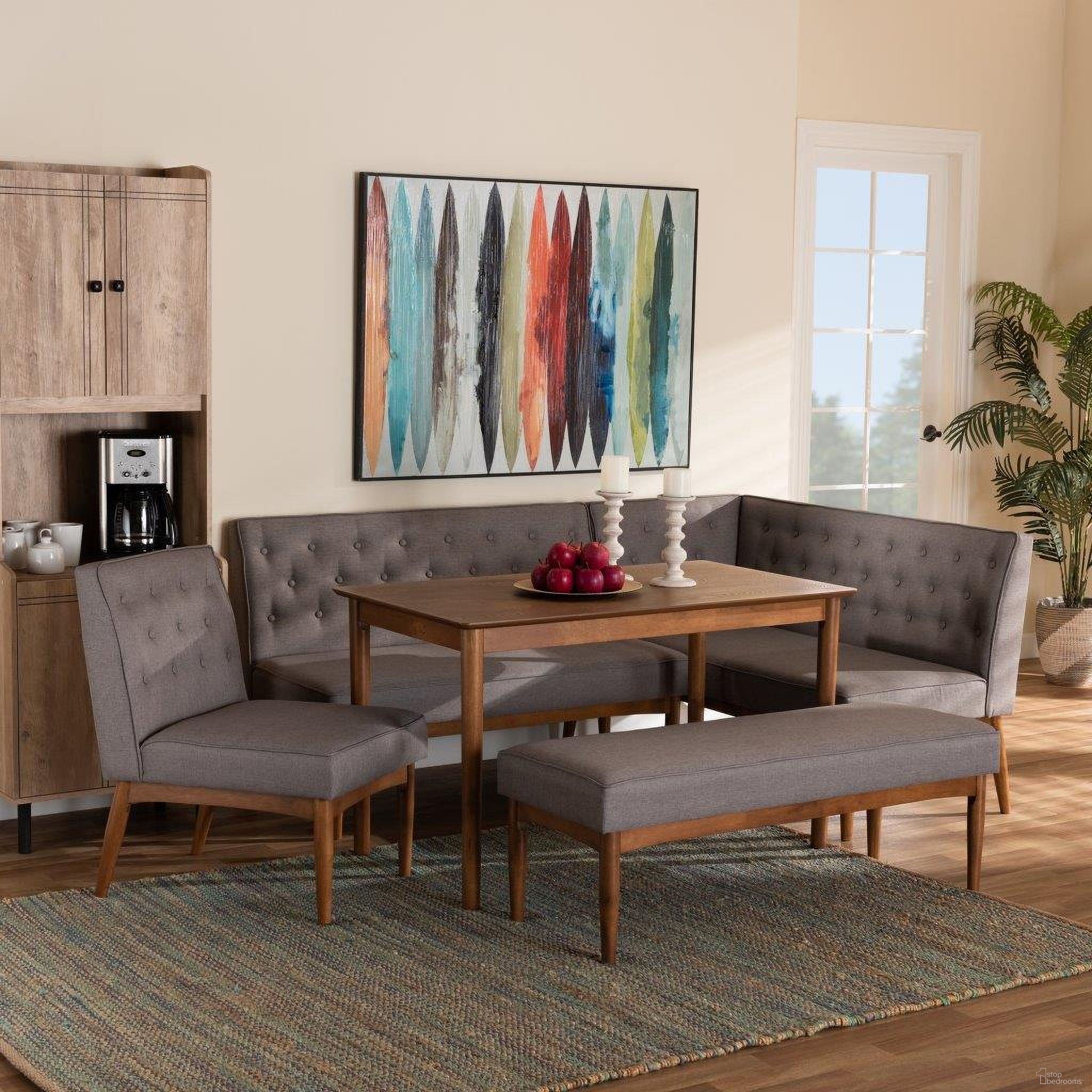 The appearance of Baxton Studio Riordan Mid-Century Modern Grey Fabric Upholstered And Walnut Brown Finished Wood 5-Piece Dining Nook Set designed by Baxton Studio in the transitional interior design. This grey and walnut piece of furniture  was selected by 1StopBedrooms from Riordan Collection to add a touch of cosiness and style into your home. Sku: BBT8051.13-Grey/Walnut-5PC Dining Nook Set. Material: Wood.
