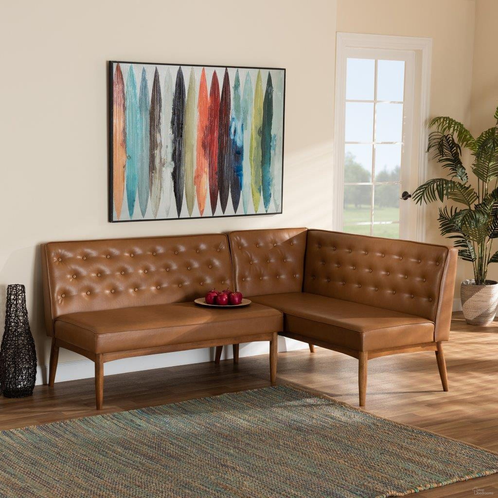 The appearance of Baxton Studio Riordan Mid-Century Modern Tan Faux Leather Upholstered And Walnut Brown Finished Wood 2-Piece Dining Nook Banquette Set designed by Baxton Studio in the transitional interior design. This tan and walnut brown piece of furniture  was selected by 1StopBedrooms from Riordan Collection to add a touch of cosiness and style into your home. Sku: BBT8051.13-Tan/Walnut-2PC SF Bench. Material: Wood.