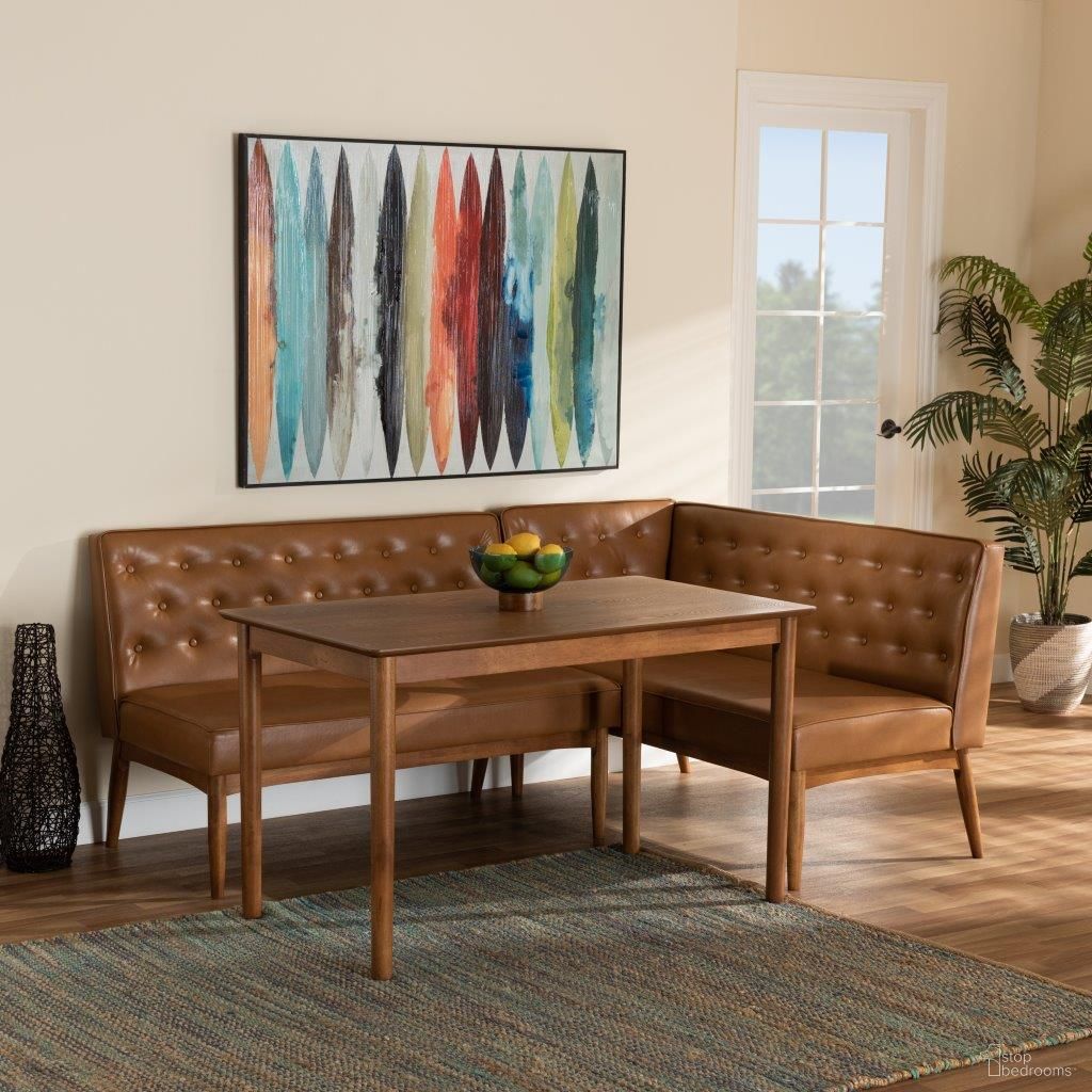 The appearance of Baxton Studio Riordan Mid-Century Modern Tan Faux Leather Upholstered And Walnut Brown Finished Wood 3-Piece Dining Nook Set designed by Baxton Studio in the transitional interior design. This tan and walnut brown piece of furniture was selected by 1StopBedrooms from Riordan Collection to add a touch of cosiness and style into your home. Sku: BBT8051.13-Tan/Walnut-3PC Dining Nook Set. Material: Wood.