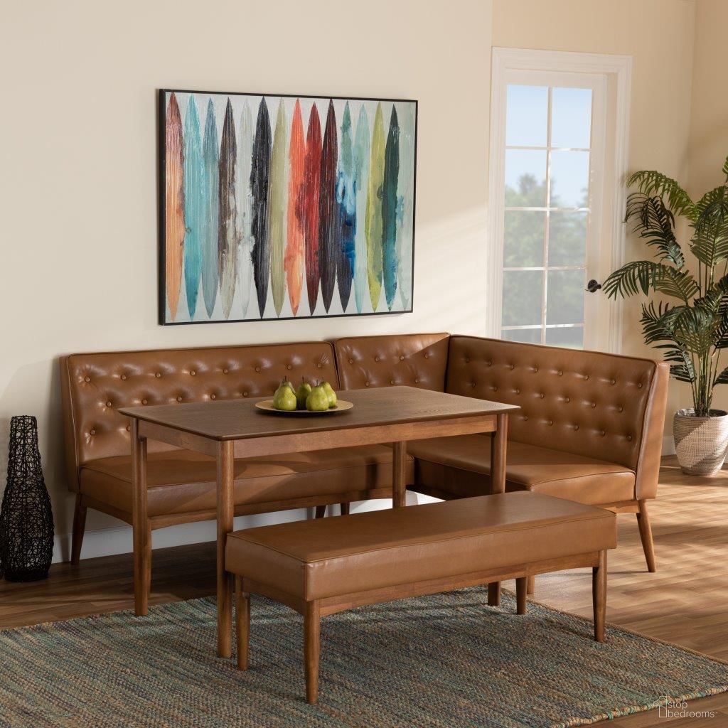 Baxton Studio Riordan Mid-Century Modern Tan Faux Leather Upholstered And Walnut Brown Finished Wood 4-Piece Dining Nook Set