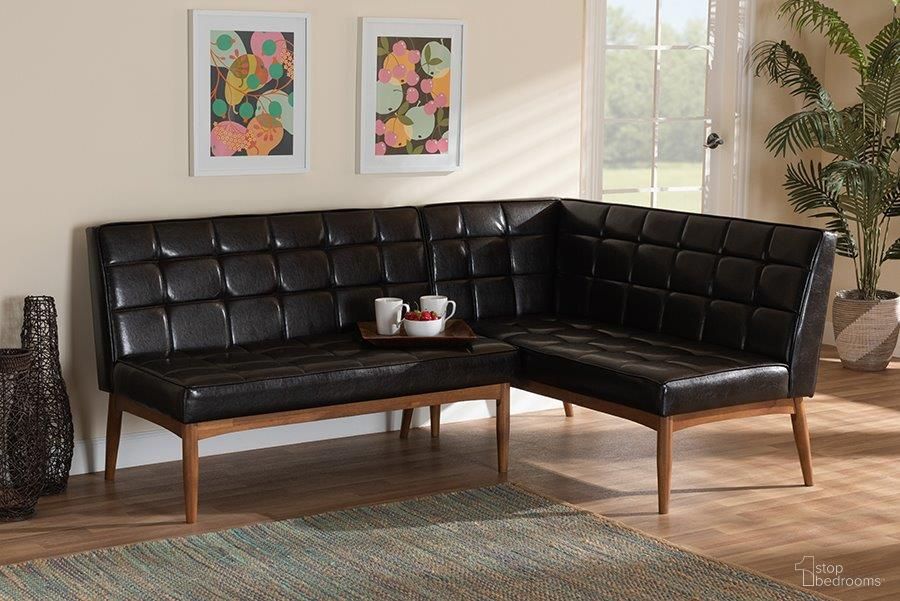 The appearance of Baxton Studio Sanford Mid-Century Modern Dark Brown Faux Leather Upholstered and Walnut Brown Finished Wood 2-Piece Dining Nook Banquette Set designed by Baxton Studio in the transitional interior design. This dark brown piece of furniture  was selected by 1StopBedrooms from Sanford Collection to add a touch of cosiness and style into your home. Sku: BBT8051.11-Dark Brown/Walnut-2PC SF Bench. Material: MDF.