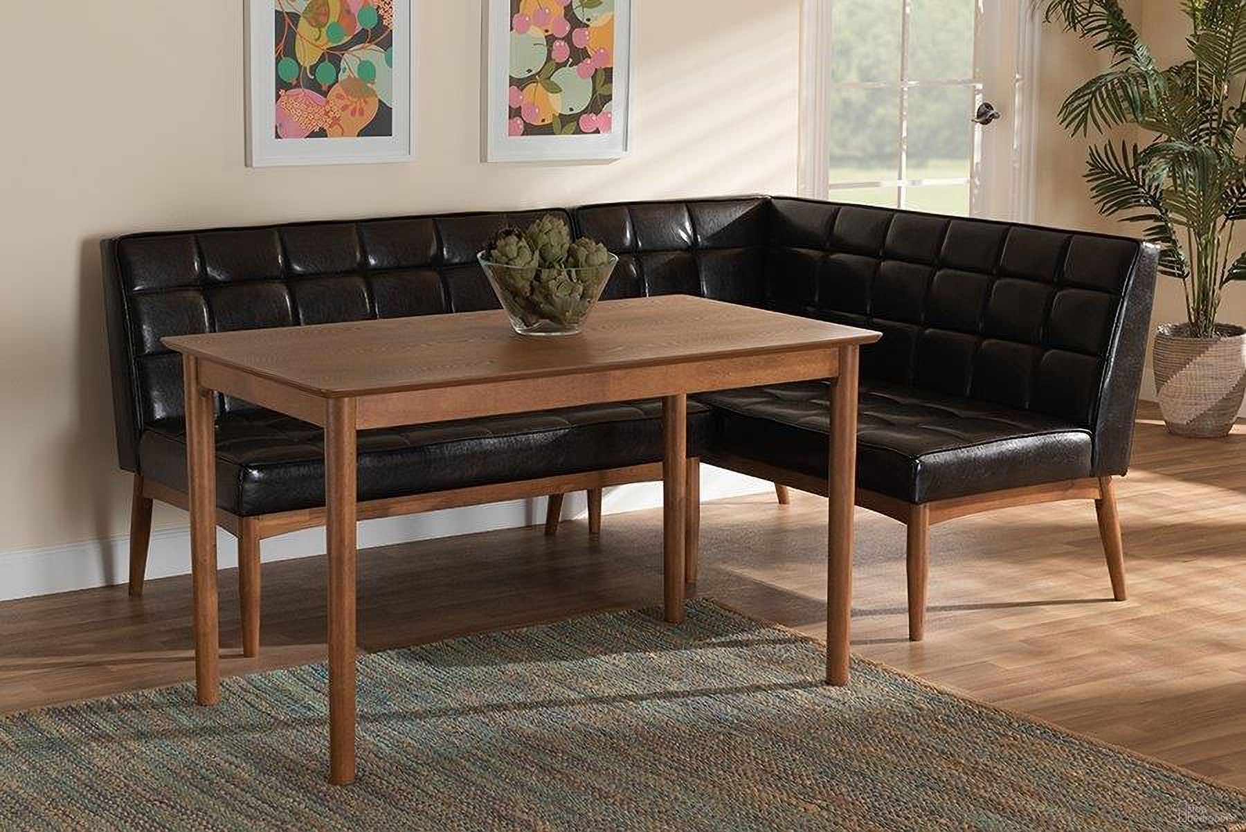 The appearance of Baxton Studio Sanford Mid-Century Modern Dark Brown Faux Leather Upholstered and Walnut Brown Finished Wood 3-Piece Dining Nook Set designed by Baxton Studio in the transitional interior design. This dark brown piece of furniture  was selected by 1StopBedrooms from Sanford Collection to add a touch of cosiness and style into your home. Sku: BBT8051.11-Dark Brown/Walnut-3PC Dining Nook Set. Material: MDF.
