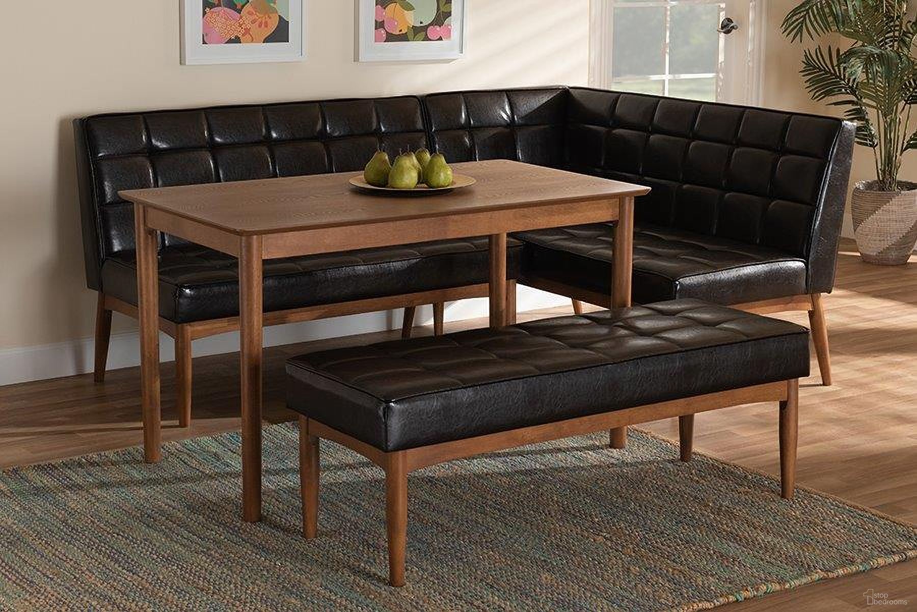The appearance of Baxton Studio Sanford Mid-Century Modern Dark Brown Faux Leather Upholstered and Walnut Brown Finished Wood 4-Piece Dining Nook Set designed by Baxton Studio in the transitional interior design. This dark brown piece of furniture  was selected by 1StopBedrooms from Sanford Collection to add a touch of cosiness and style into your home. Sku: BBT8051.11-Dark Brown/Walnut-4PC Dining Nook Set. Material: MDF.