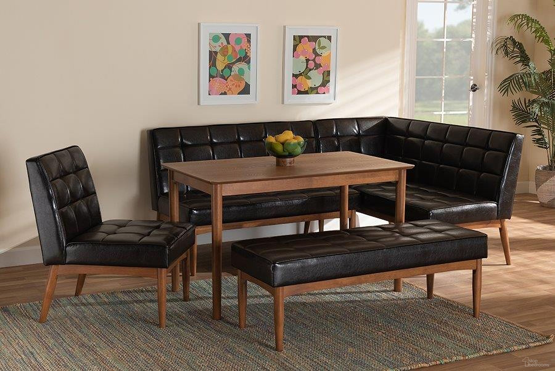 The appearance of Baxton Studio Sanford Mid-Century Modern Dark Brown Faux Leather Upholstered and Walnut Brown Finished Wood 5-Piece Dining Nook Set designed by Baxton Studio in the transitional interior design. This dark brown piece of furniture  was selected by 1StopBedrooms from Sanford Collection to add a touch of cosiness and style into your home. Sku: BBT8051.11-Dark Brown/Walnut-5PC Dining Nook Set. Material: MDF.