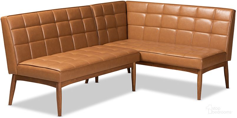 The appearance of Baxton Studio Sanford Mid-Century Modern Tan Faux Leather Upholstered and Walnut Brown Finished Wood 2-Piece Dining Nook Banquette Set designed by Baxton Studio in the transitional interior design. This walnut brown piece of furniture  was selected by 1StopBedrooms from Sanford Collection to add a touch of cosiness and style into your home. Sku: BBT8051.11-Tan/Walnut-2PC SF Bench. Material: MDF.