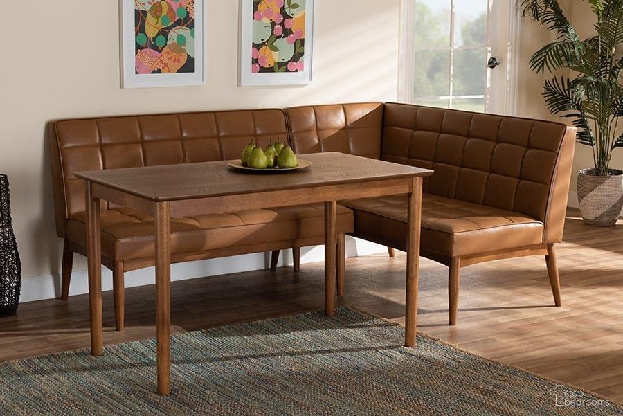 The appearance of Baxton Studio Sanford Mid-Century Modern Tan Faux Leather Upholstered and Walnut Brown Finished Wood 3-Piece Dining Nook Set designed by Baxton Studio in the transitional interior design. This walnut brown piece of furniture  was selected by 1StopBedrooms from Sanford Collection to add a touch of cosiness and style into your home. Sku: BBT8051.11-Tan/Walnut-3PC Dining Nook Set. Material: MDF.