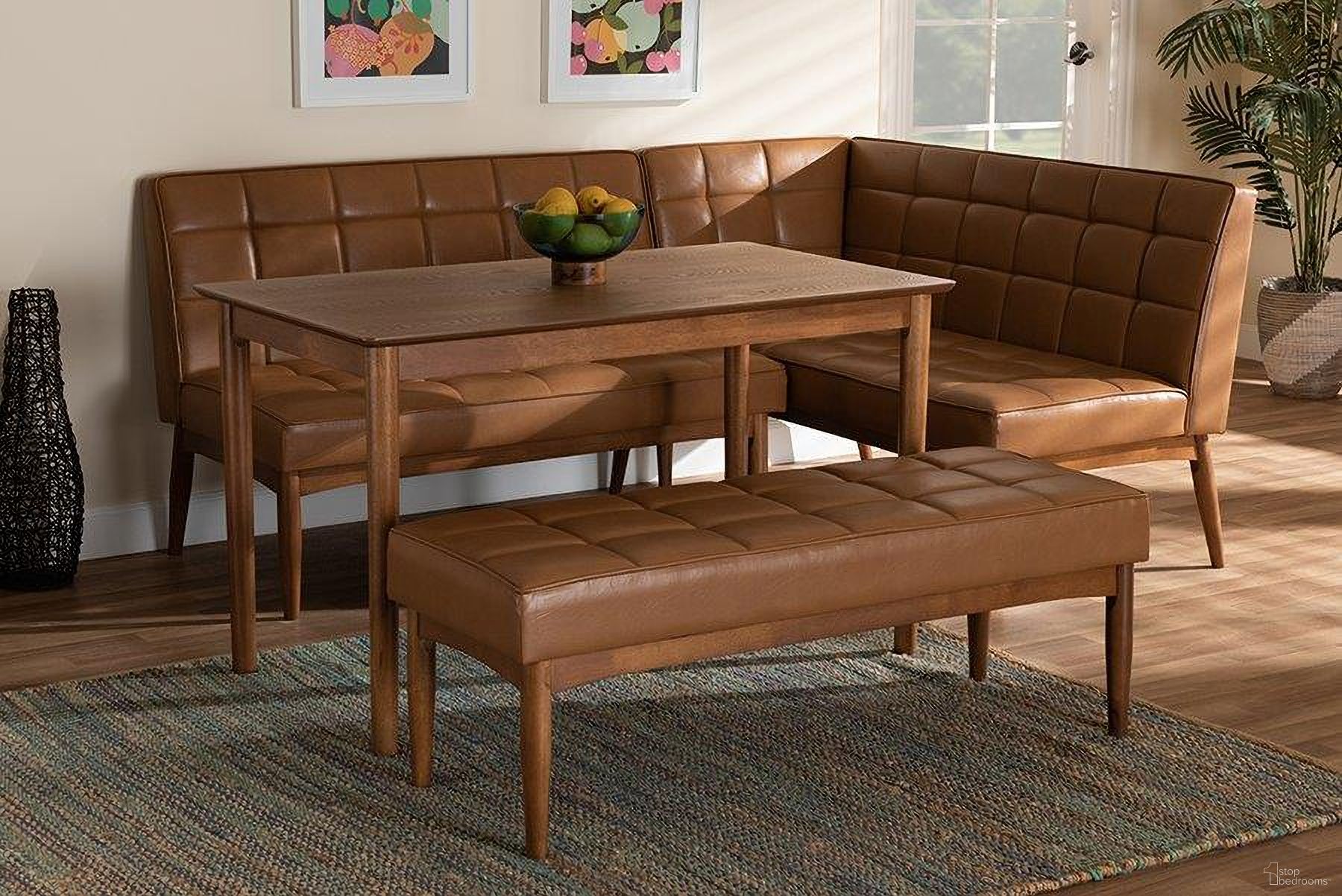 The appearance of Baxton Studio Sanford Mid-Century Modern Tan Faux Leather Upholstered and Walnut Brown Finished Wood 4-Piece Dining Nook Set designed by Baxton Studio in the transitional interior design. This walnut brown piece of furniture  was selected by 1StopBedrooms from Sanford Collection to add a touch of cosiness and style into your home. Sku: BBT8051.11-Tan/Walnut-4PC Dining Nook Set. Material: MDF.