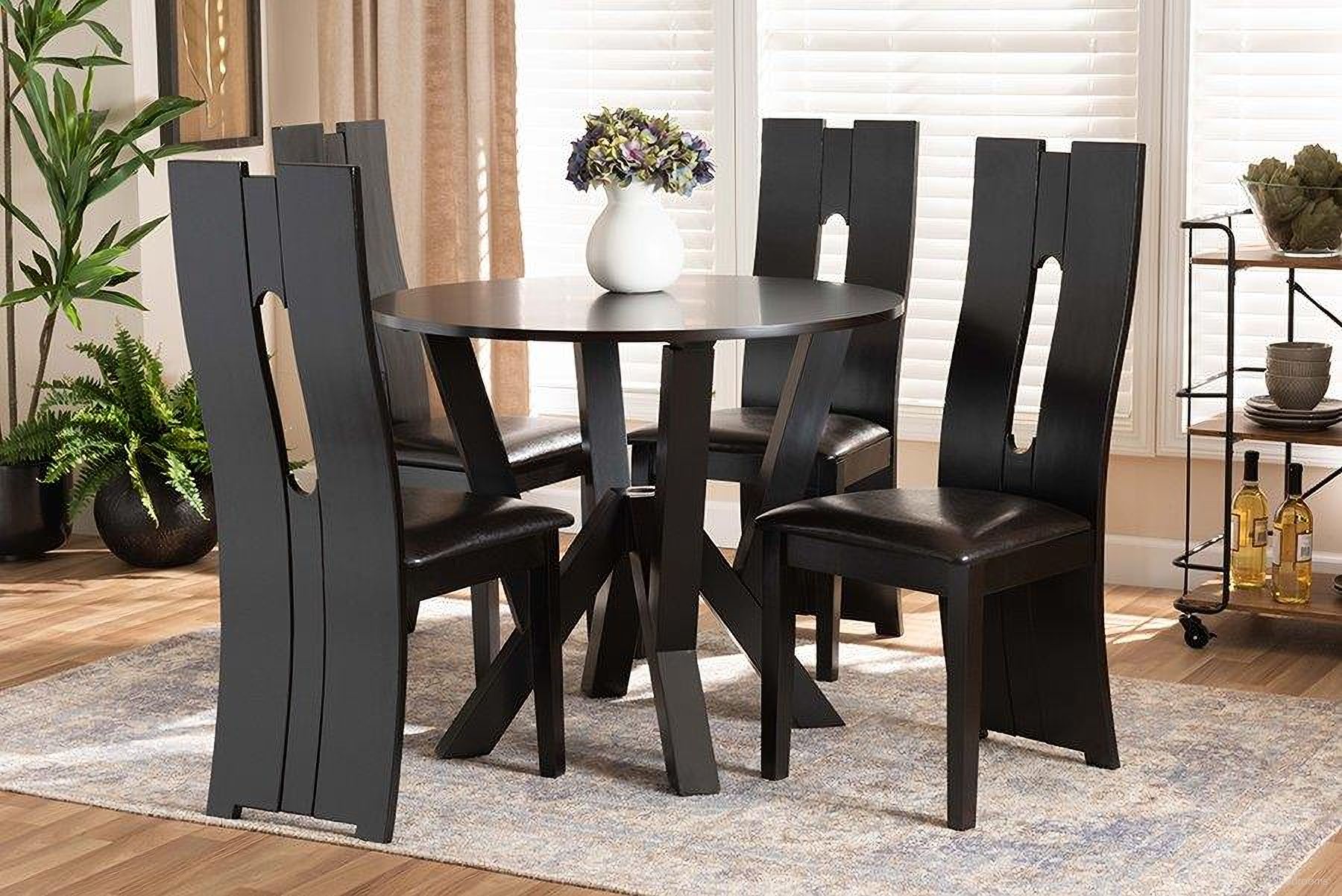 Senan Modern and Contemporary Dark Brown Faux Leather Upholstered and Wood 5-Piece Dining Set