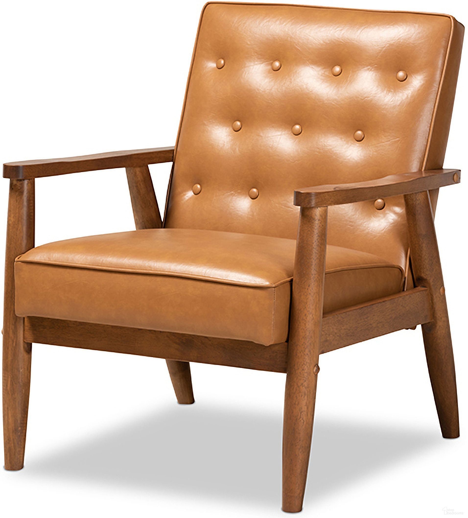 The appearance of Baxton Studio Sorrento Mid-Century Modern Tan Faux Leather Upholstered and Walnut Brown Finished Wood Lounge Chair designed by Baxton Studio in the transitional interior design. This tan piece of furniture was selected by 1StopBedrooms from Sorrento Collection to add a touch of cosiness and style into your home. Sku: BBT8013-Tan Chair. Material: MDF.