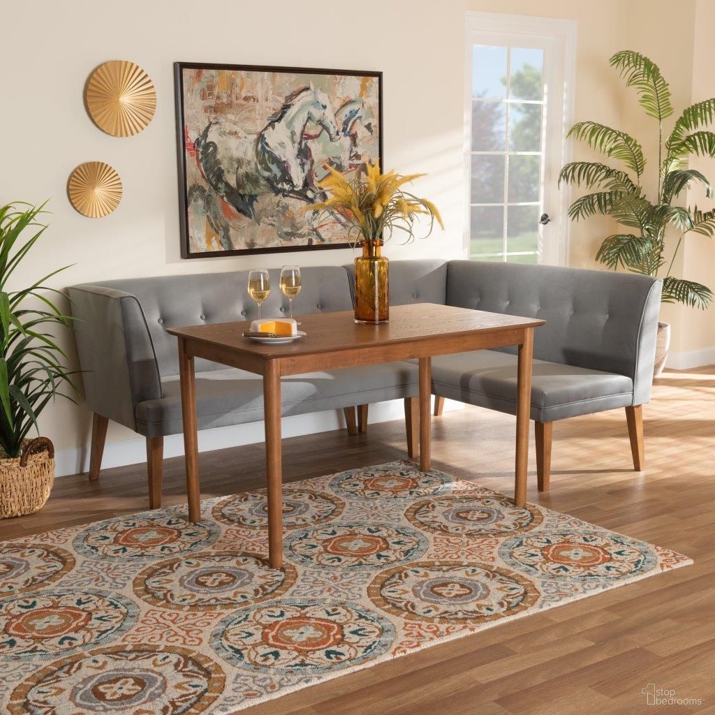 The appearance of Baxton Studio Stewart Mid-Century Modern Grey Velvet Upholstered And Walnut Brown Finished Wood 3-Piece Dining Nook Set designed by Baxton Studio in the transitional interior design. This grey piece of furniture was selected by 1StopBedrooms from Stewart Collection to add a touch of cosiness and style into your home. Sku: BBT8062-Grey Velvet/Walnut-3PC Dining Nook Set. Material: Rubberwood.