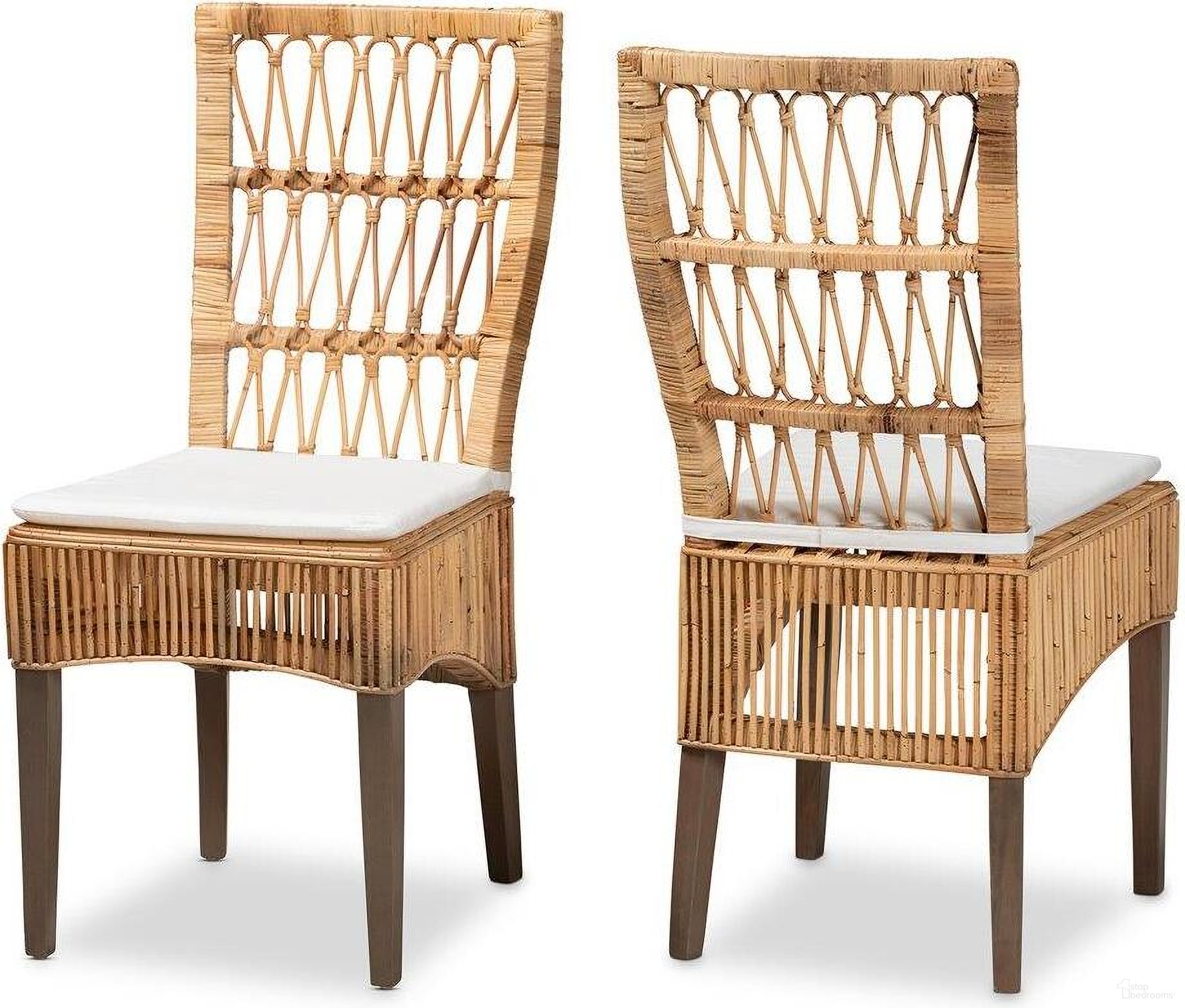 The appearance of Baxton Studio Sullivan Modern Bohemian Natural Brown Rattan 2-Piece Dining Chair Set designed by Baxton Studio in the bohemian interior design. This white and brown piece of furniture was selected by 1StopBedrooms from Sullivan Collection to add a touch of cosiness and style into your home. Sku: Sullivan-Rattan-DC. Material: Wood. Chair Type: Side Chair.