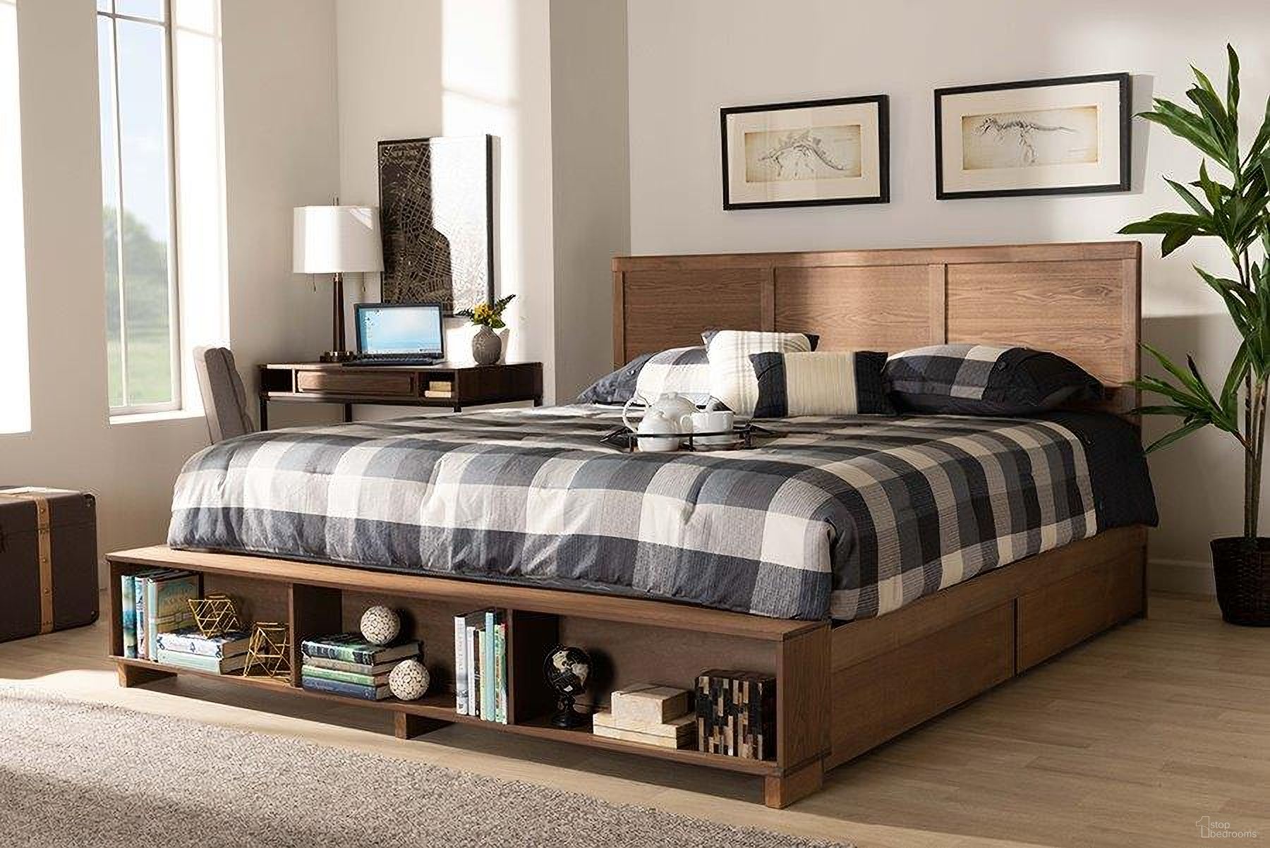 Baxton Studio Tamsin Modern Transitional Ash Walnut Brown Finished Wood King Size 4-Drawer Platform Storage Bed with Built-In Shelves