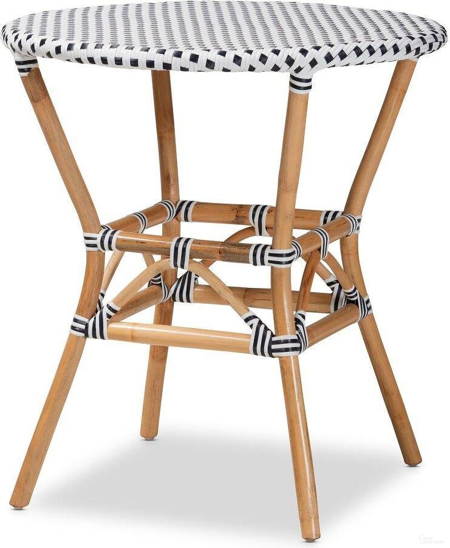 The appearance of Baxton Studio Tavor Classic French Black and White Weaving and Natural Brown Rattan Dining Table designed by Baxton Studio in the transitional interior design. This white and brown piece of furniture  was selected by 1StopBedrooms from Tavor Collection to add a touch of cosiness and style into your home. Sku: DC613-Rattan-DT. Table Base Style: Legs. Table Top Shape: Round. Material: Natural Rattan. Size: 28".