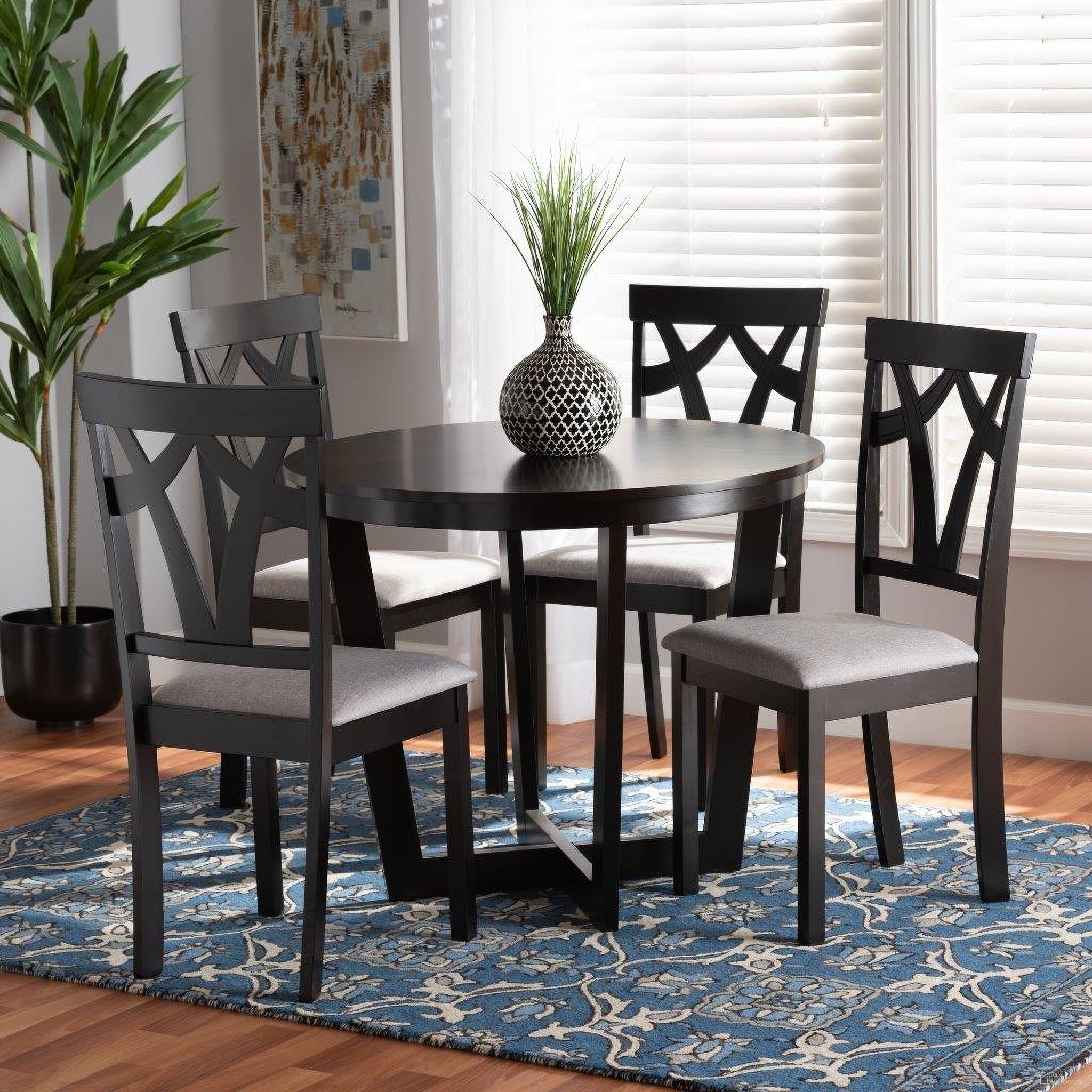 The appearance of Baxton Studio Telma Modern and Contemporary Grey Fabric Upholstered and Dark Brown Finished Wood 5-Piece Dining Set designed by Baxton Studio in the modern / contemporary interior design. This grey and dark brown piece of furniture  was selected by 1StopBedrooms from Telma Collection to add a touch of cosiness and style into your home. Sku: Telma-Grey/Dark Brown-5PC Dining Set. Material: Polyester.