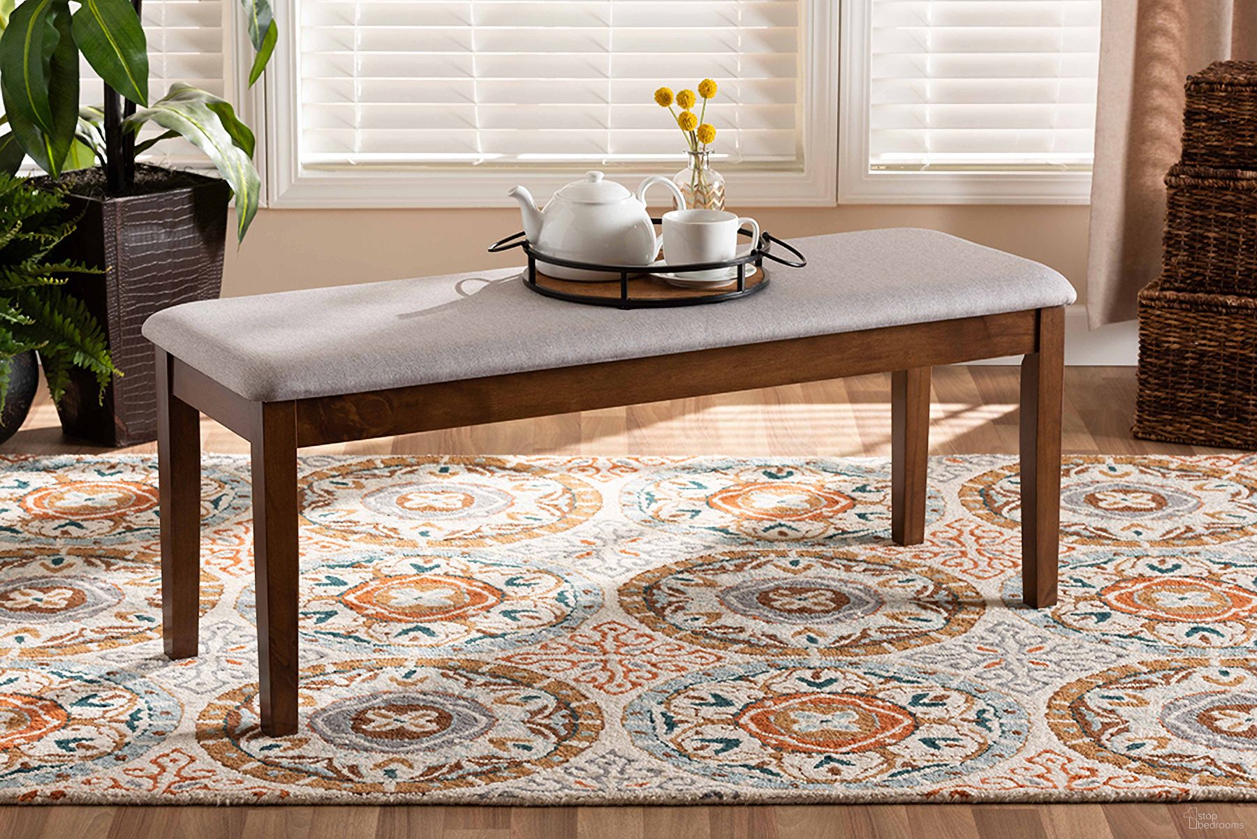 The appearance of Baxton Studio Teresa Modern and Contemporary Transitional Grey Fabric Upholstered and Walnut Brown Finished Wood Dining Bench designed by Baxton Studio in the transitional interior design. This grey and walnut piece of furniture was selected by 1StopBedrooms from Teresa Collection to add a touch of cosiness and style into your home. Sku: RH037-Grey/Walnut-Dining Bench. Material: Wood.