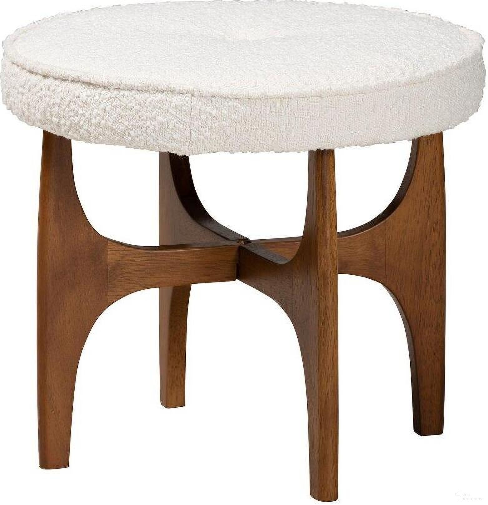 The appearance of Baxton Studio Theo Japandi Cream Boucle Fabric and Walnut Brown Finished Rubberwood Ottoman Footstool designed by Baxton Studio in the modern / contemporary interior design. This white/brown piece of furniture was selected by 1StopBedrooms from Theo Collection to add a touch of cosiness and style into your home. Sku: BBT5456-Maya-Cream/Walnut-Stool. Material: Boucle.