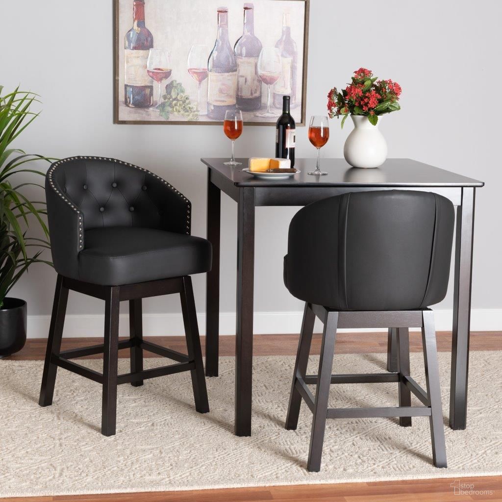 The appearance of Baxton Studio Theron Mid-Century Transitional Black Faux Leather And Espresso Brown Finished Wood 2-Piece Swivel Counter Stool Set designed by Baxton Studio in the transitional interior design. This espresso brown piece of furniture was selected by 1StopBedrooms from Theron Collection to add a touch of cosiness and style into your home. Sku: BBT5210C-Black/Dark Brown-CS. Material: Plywood.