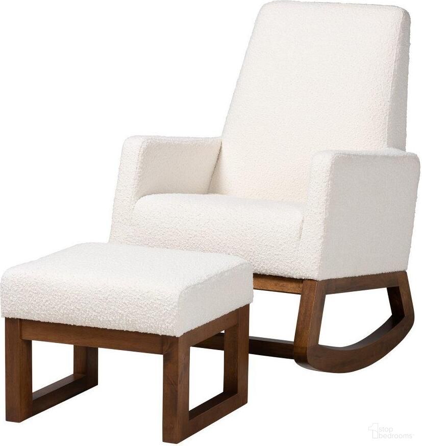 Baxton Studio Yashiya Mid-Century Modern Off-White Boucle Upholstered And Walnut Brown Finished Wood 2-Piece Rocking Chair And Ottoman Set