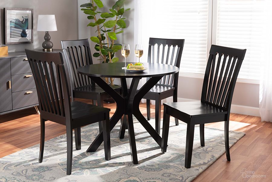 The appearance of Baxton Studio Zora Modern And Contemporary Dark Brown Finished Wood 5-Piece Dining Set designed by Baxton Studio in the modern / contemporary interior design. This dark brown piece of furniture was selected by 1StopBedrooms from Zora Collection to add a touch of cosiness and style into your home. Sku: Zora-Dark Brown-5PC Dining Set. Material: Wood.